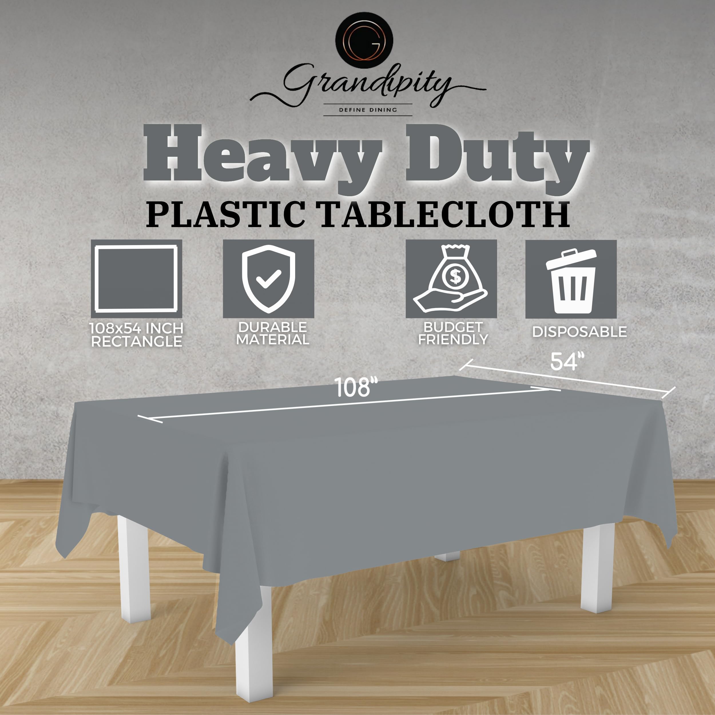 Premium Disposable Plastic Tablecloth (6 Pack) 54x108 Inch - Silver Rectangle Table Cover for Parties, Events & Dining - Fits 6ft to 8ft Tables - Waterproof & Easy Clean for Indoor/Outdoor Use