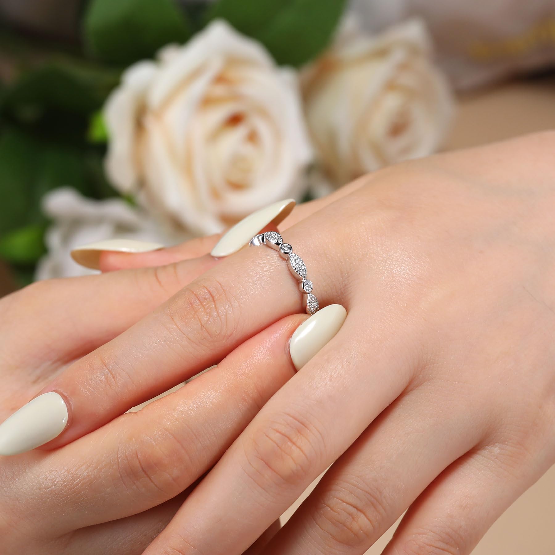 Lab-Created Moissanite Wedding Band - 925 Sterling Silver Half Eternity Ring for Women | D Color VVS1 Marquise Cut Stackable Rings | Perfect for Bridal Sets, Anniversary Gifts & Everyday Elegance