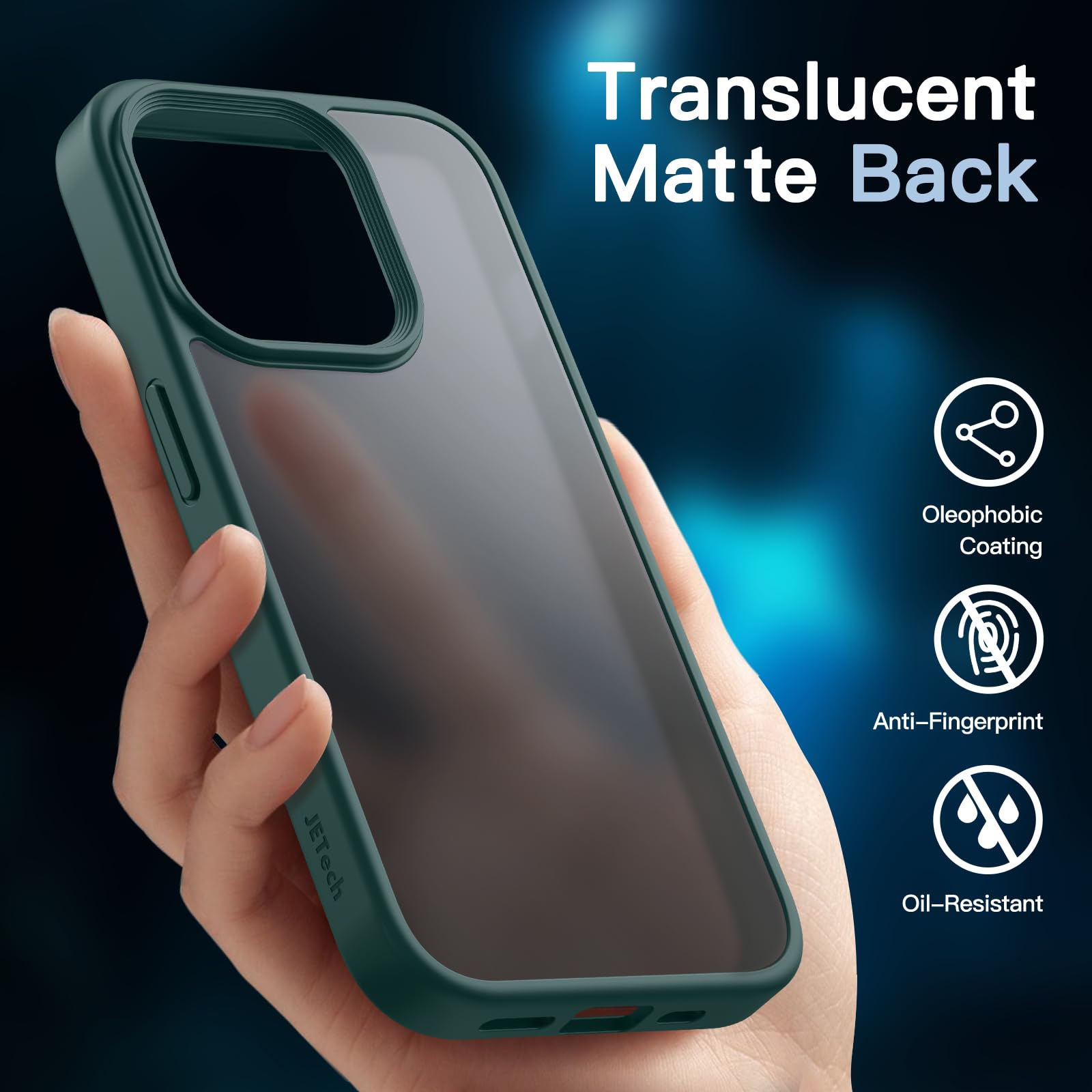 JETech 5-in-1 Matte Shockproof Case for iPhone 15 Pro 6.1 Inch - Includes 2 Tempered Glass Screen Protectors & Camera Lens Protector - Translucent Dark Green Back Cover for Everyday Protection & Style