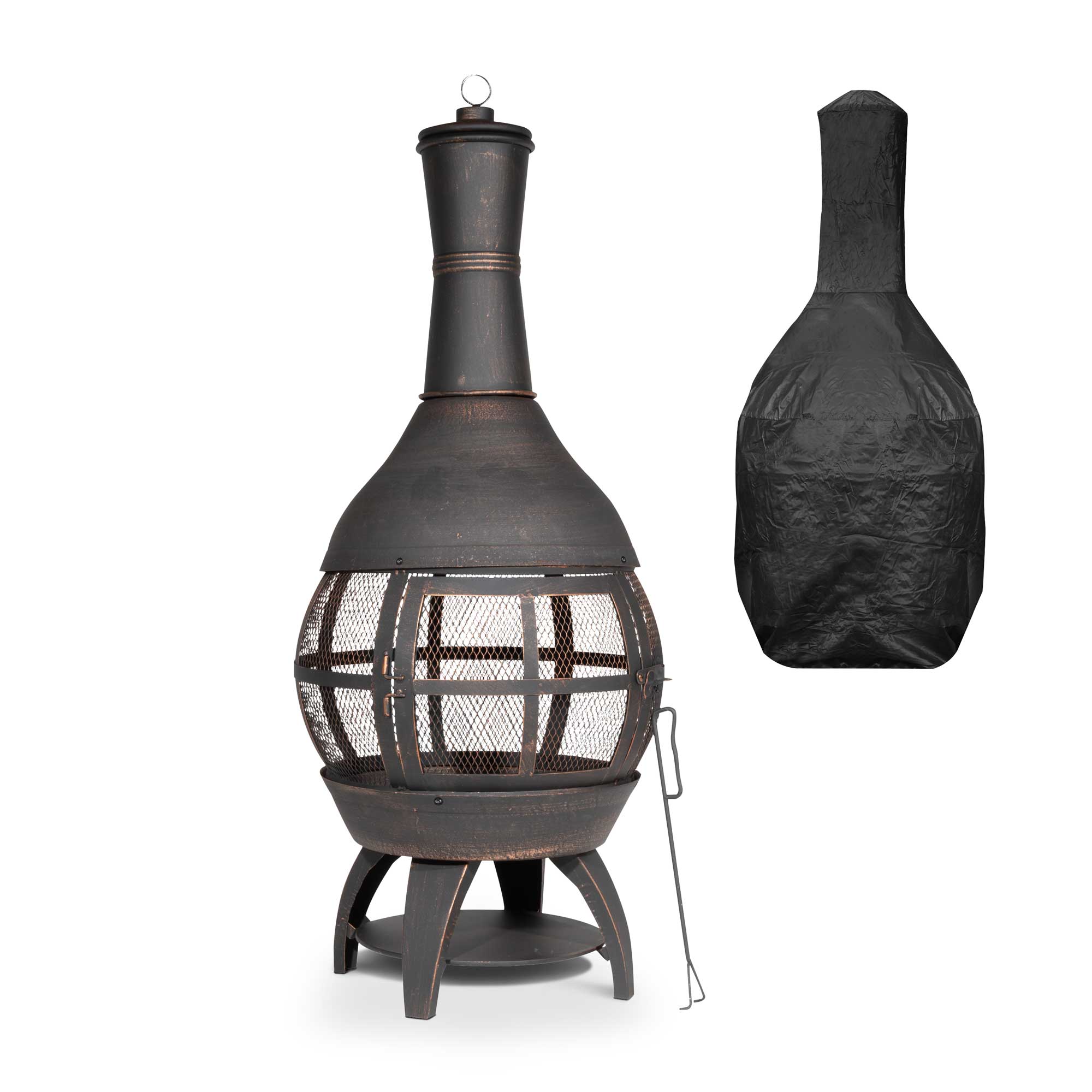 Deluxe 360° Chiminea Fire Pit Outdoor Heater with Fire Poker & Cover - Antique Bronze Finish DG241 for Patio, Garden, Backyard & Camping