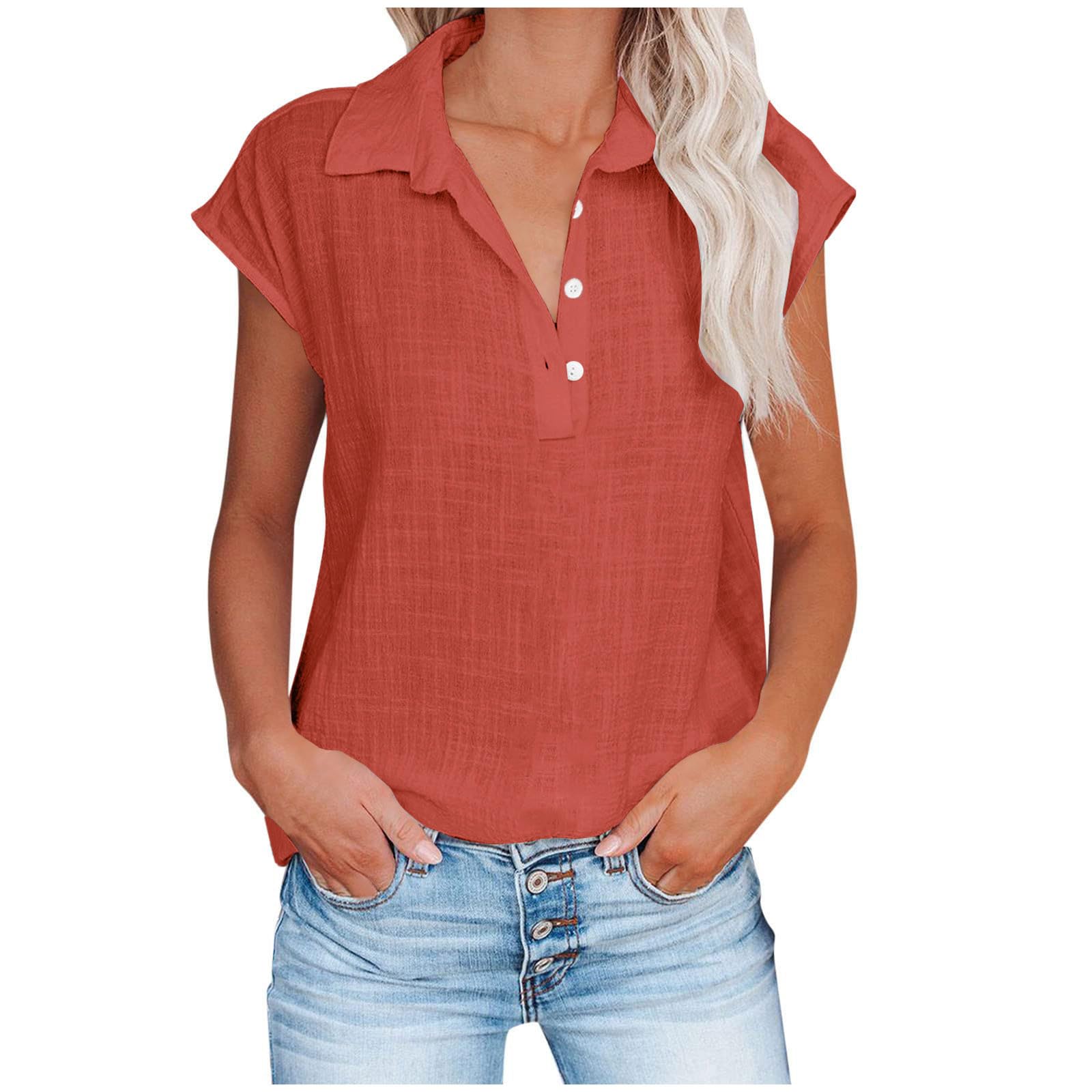 Women's Casual Cotton Linen Shirts - Short Sleeve Loose Fit Blouses & Summer Tops 2024 | Trendy Dressy T-Shirts for Work, Weekend & Vacation