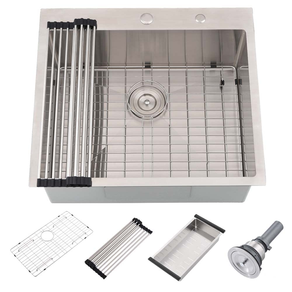 Wesliv 25x20 Inch Topmount Stainless Steel Kitchen Sink - 16 Gauge Deep Single Bowl Overmount Sink with Accessories for Modern Home Kitchens
