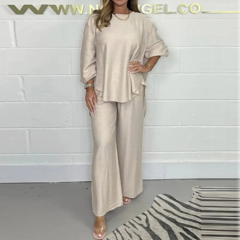 Elegant Casual Solid Color 2-Piece Outfit - Loose Long Sleeve Pullover & Wide Leg Pants Set for Women | Spring Fashion, Soft Comfort Wear for Office, Travel & Daily Outings