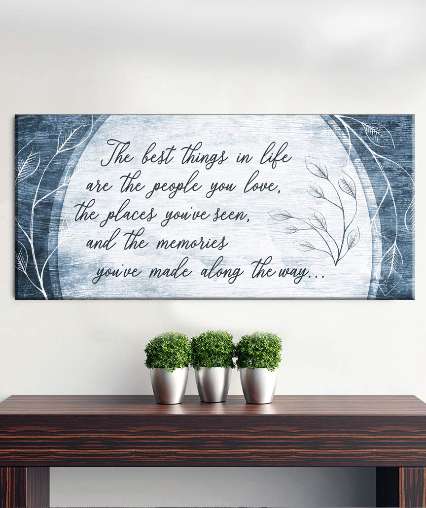 Wood Framed Canvas Wall Art - 'The Best Things in Life are The People You Love' Quote Sign - Ready to Hang Home Decor for Living Room, Bedroom & Office - Family Gift Idea (Blue, 42x19 Inches)