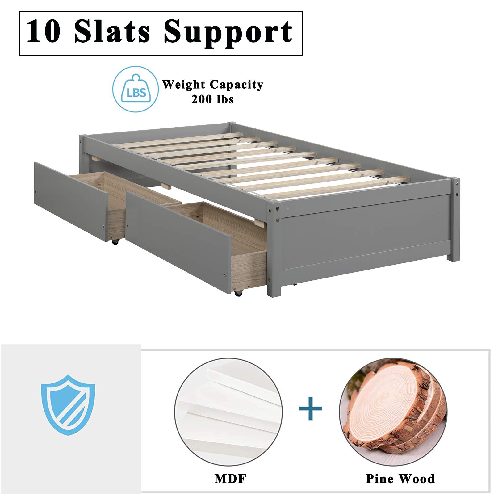 **Twin Size Wooden Platform Bed Frame with 2 Storage Drawers - Sturdy 10-Slat Support for Kids & Toddlers (Dark Grey) - No Box Spring Needed, Easy Assembly - Perfect for Small Bedrooms & Space-Saving Kids' Rooms**