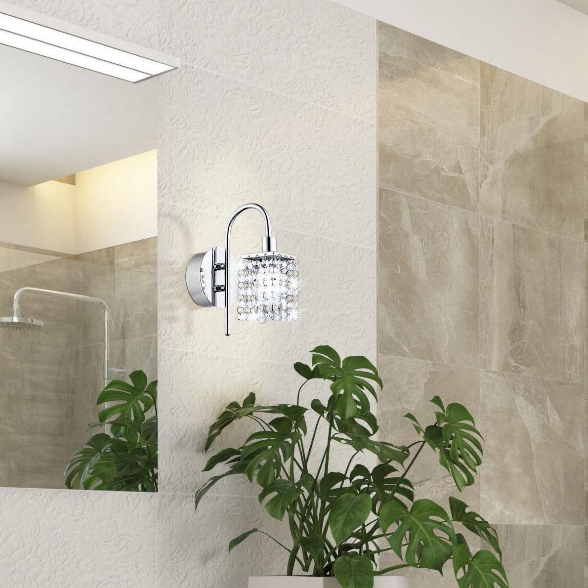 Eglo Almonte IP44 Chrome & Glass Crystal Wall Light - Modern Bathroom Vanity Lighting for Bedroom, Hallway & Entryway