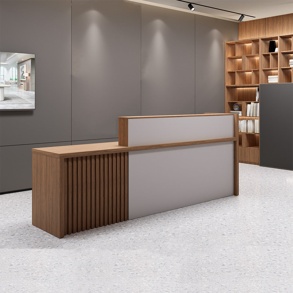 KNOX 240cm Left Panel Walnut Reception Desk - Modern Office Furniture for Hotels, Clinics, and Corporate Lobbies