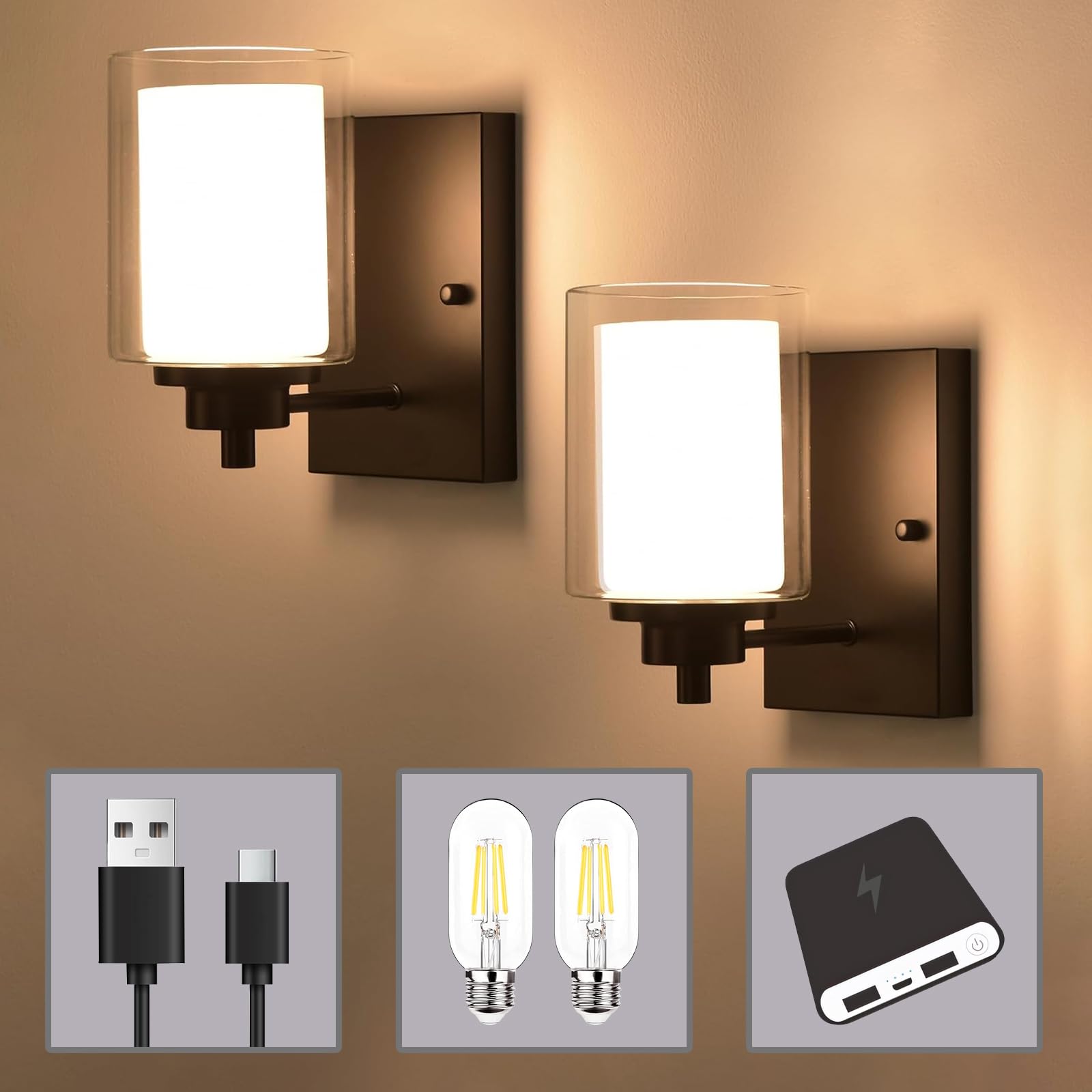 AOLALA Rechargeable Battery Operated Wall Sconces Set of 2 - LED Wall Mounted Lights with ON/Off Switch & Dual Glass Shade - Indoor Wall Lighting for Bedroom, Living Room, Hallway, and Porch