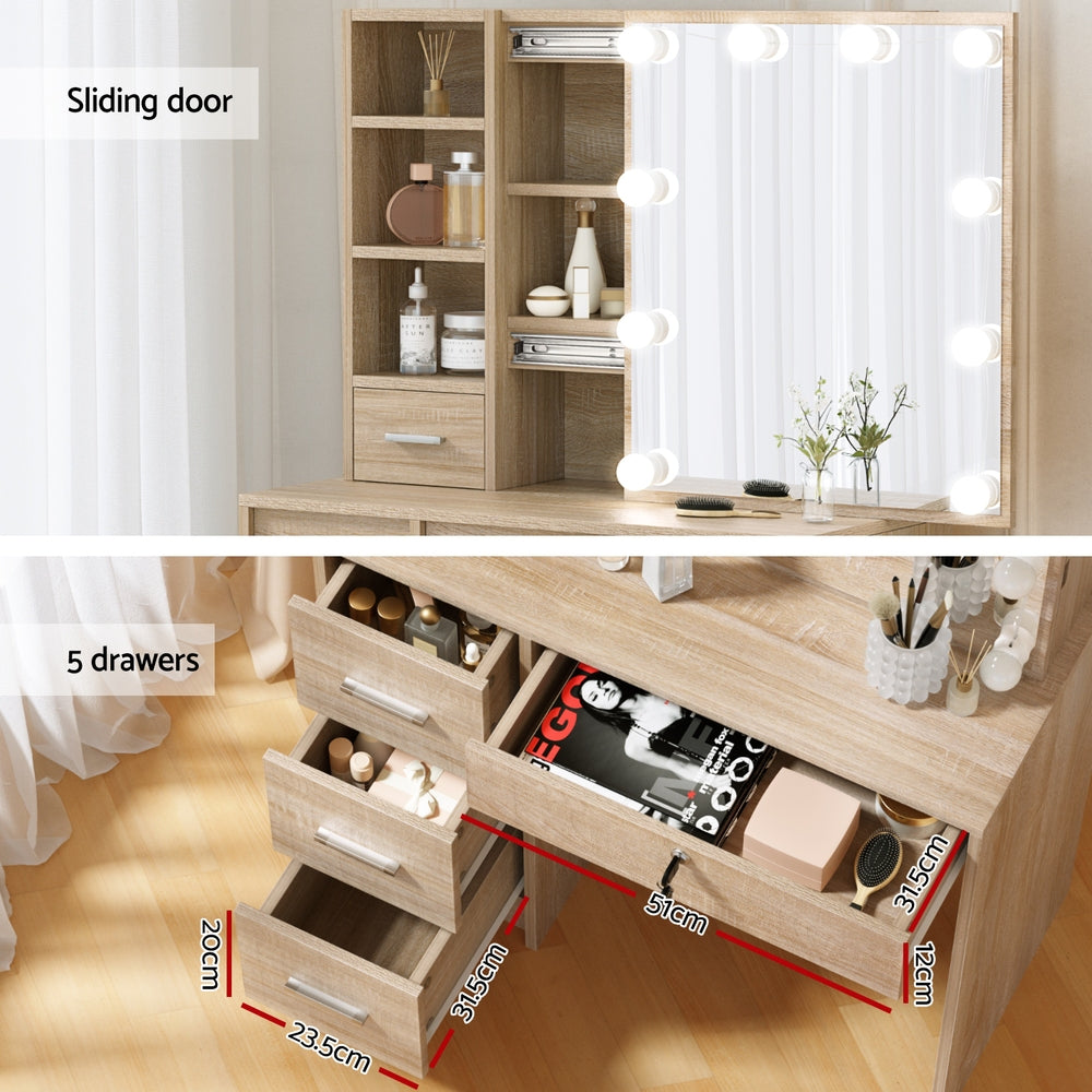 Vanity Dressing Table Set with Stool & 10 LED Bulbs - Wooden Makeup Desk for Bedroom, Boudoir, and Beauty Salon | Perfect for Makeup Application, Hair Styling & Home Decor