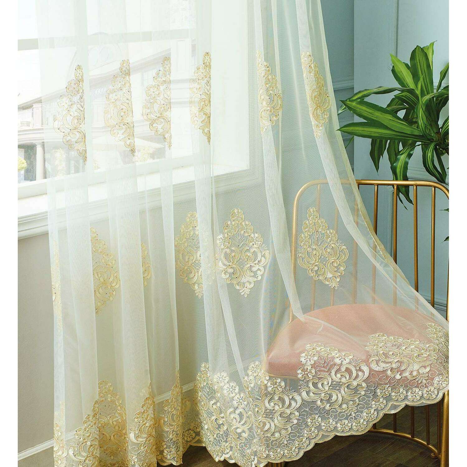 Brittany Gold Floral Embroidery Sheer Curtains - Elegant Window Drapes for Living Room, Bedroom & Nursery Decor | Light Filtering Semi-Transparent Panels for Home & Office