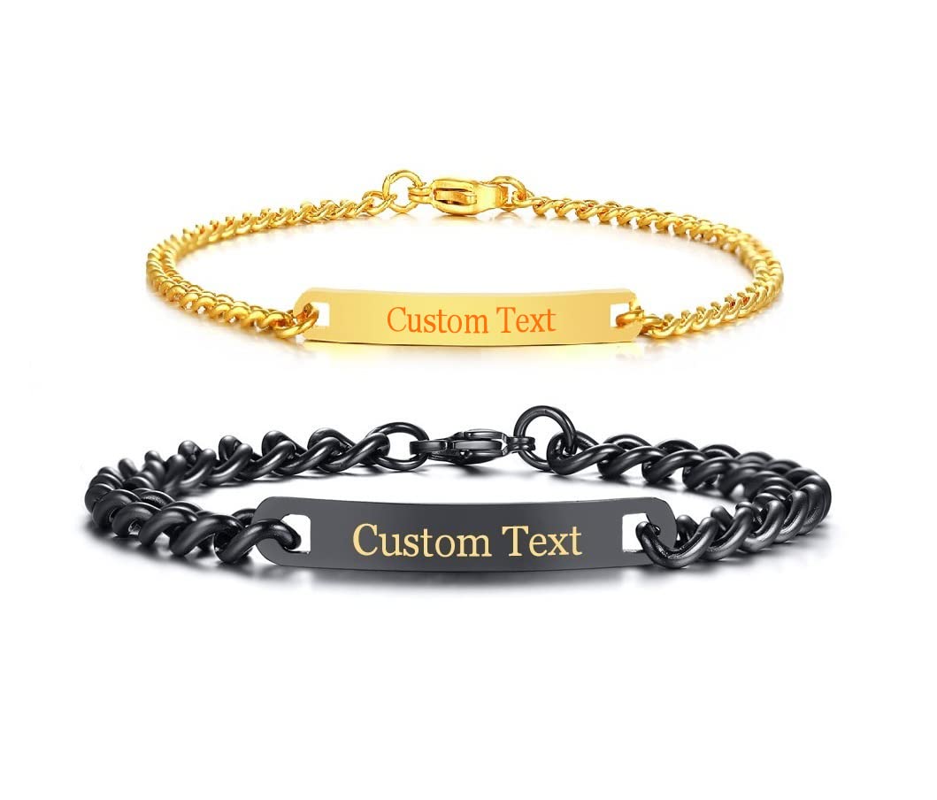 Custom Engraved Stainless Steel Couple Bracelets Set - Matching Black & Gold Love Bracelets for Women & Men - Anniversary, Wedding, Valentine's Day Gift for Couples