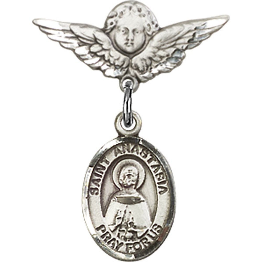 St. Anastasia Sterling Silver Baby Badge with Angel Wings Charm - 7/8