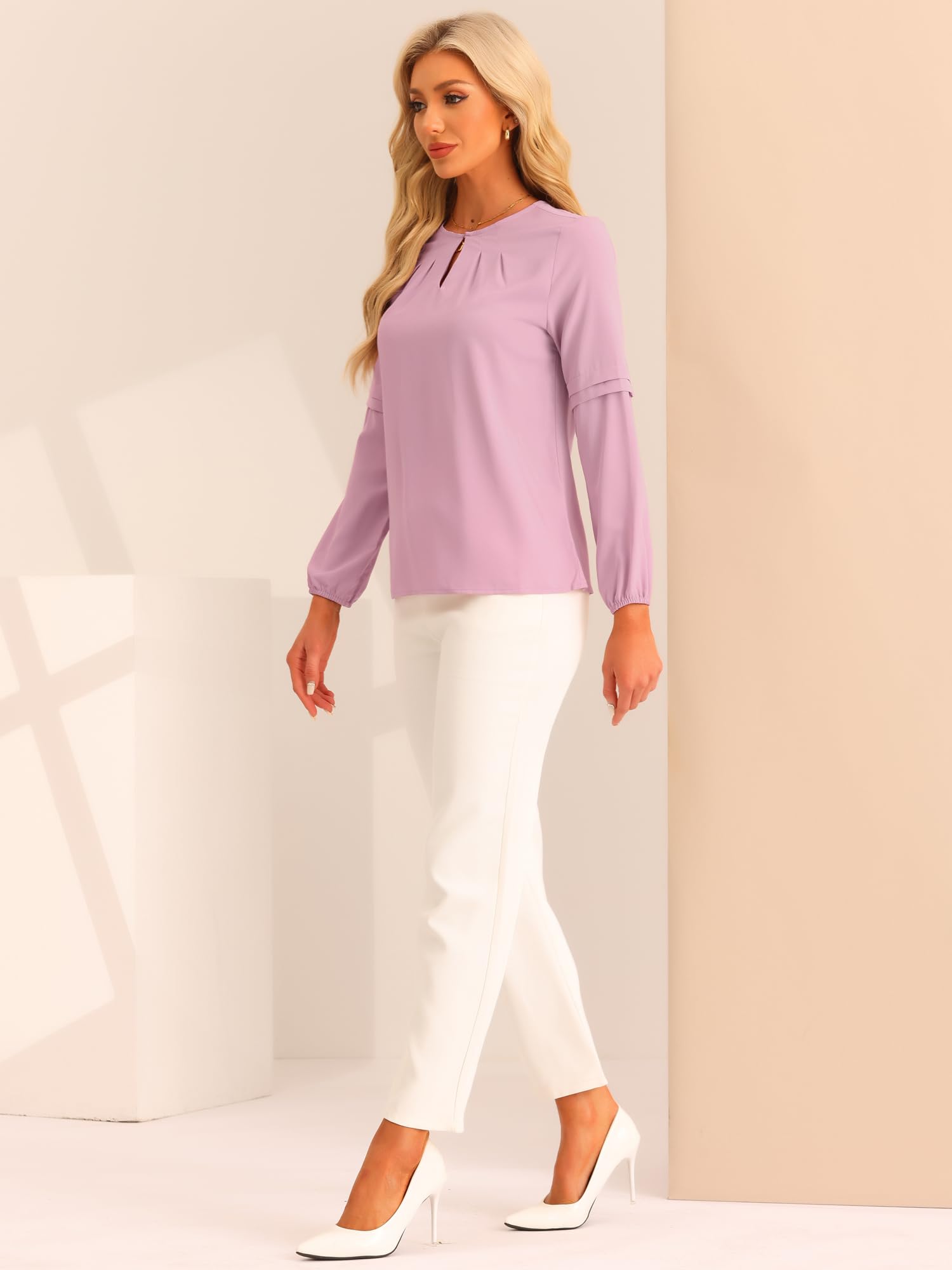 Allegra K Women's Elegant Chiffon Blouse - Long Sleeve Keyhole Neck Work Tops for Office & Business Casual Wear