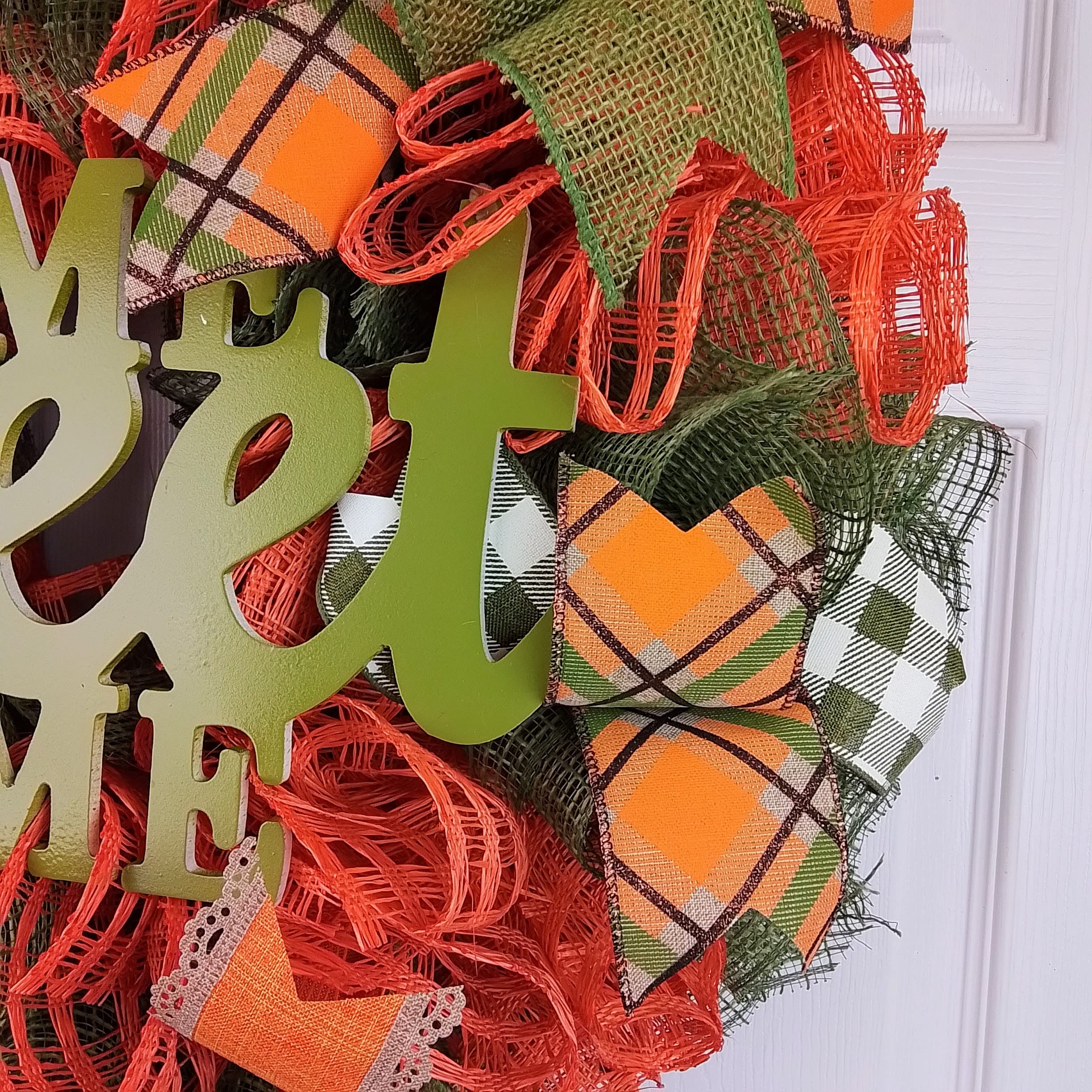 Thanksgiving Front Door Wreath - Buffalo Plaid Fall Wreath in Orange & Moss Green for Home Decor | Perfect for Autumn Entryway, Porch & Holiday Door Hanging