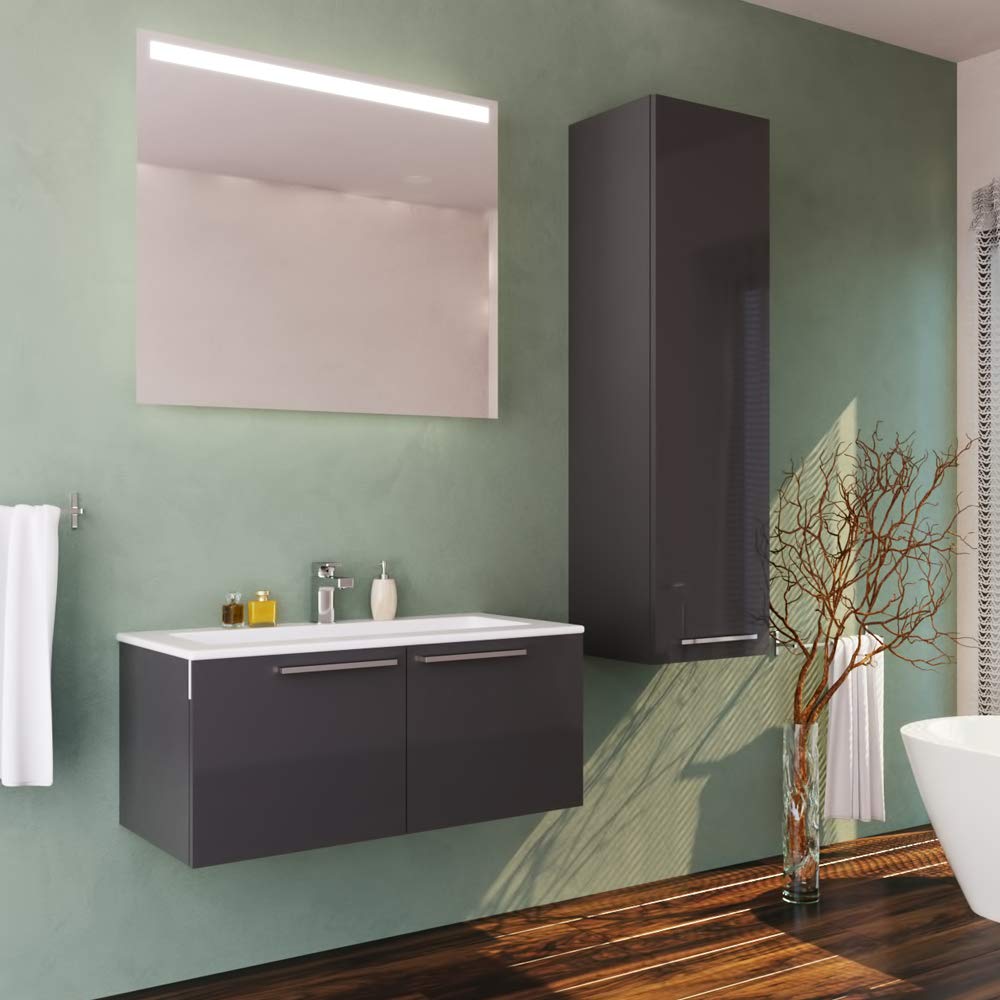 32 Inch Modern Floating Bathroom Vanity Set with LED Mirror & Side Cabinet - Soft Closing Doors, Ceramic Sink, Wall Mount Design in Glossy Gray | Perfect for Small Bathrooms, Apartments & Contemporary Home Decor