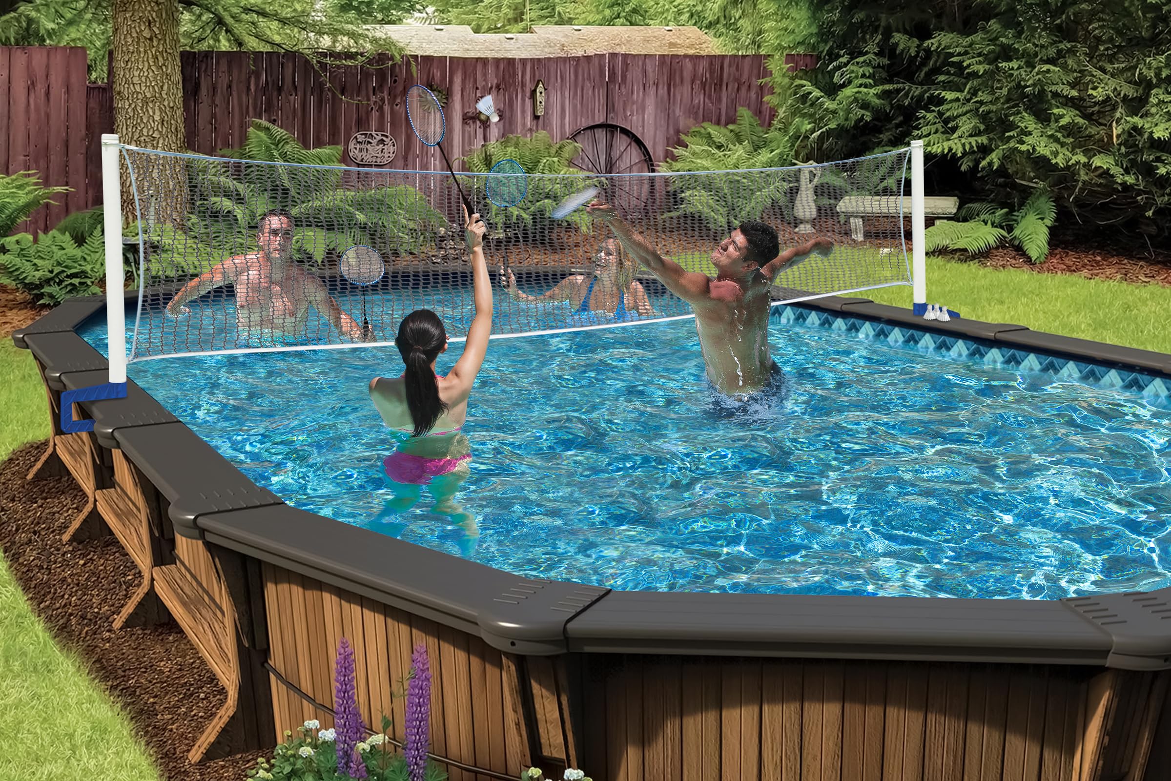 Poolmaster 72786 Above-Ground Pool Water Volleyball & Badminton Set with Bracket Mounts - 16-Ft White | Fun Outdoor Pool Games for Family & Friends | Summer Backyard Party & Poolside Entertainment