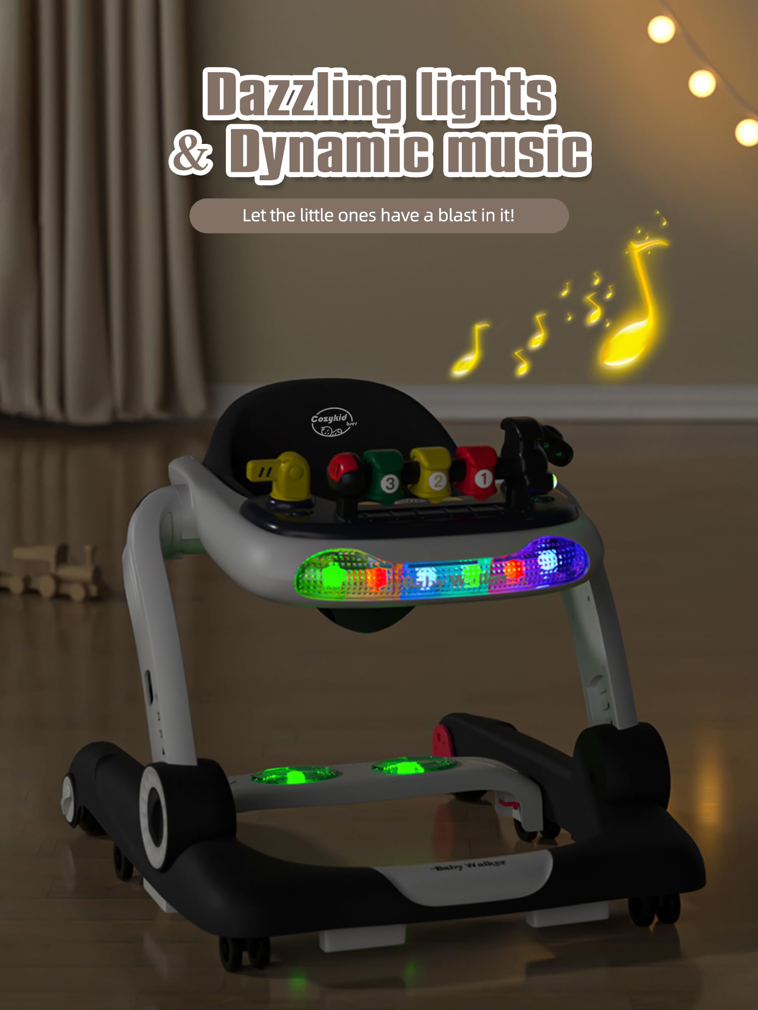 6-in-1 Musical Baby Walker with LED Lights & Wheels - Ergonomic Backrest & Non-Slip Foot Pads - Activity Center for Boys & Girls 6-18 Months (Black) - Perfect for Learning to Walk, Playtime & Developmental Stimulation at Home