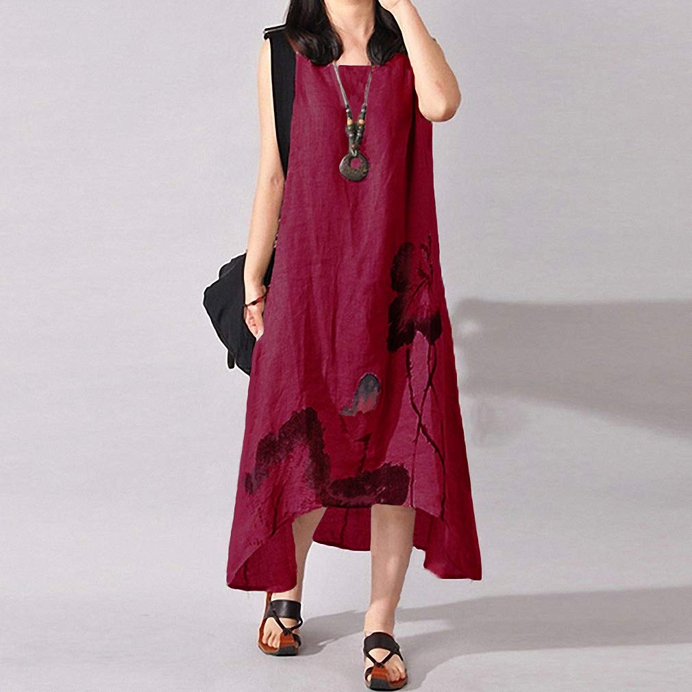 Hiuwa Women's Summer Linen Dress - Sleeveless Ink Painting Cotton Midi Dress for Women, Plus Size Casual Boho Dress for Beach, Vacation & Everyday Wear