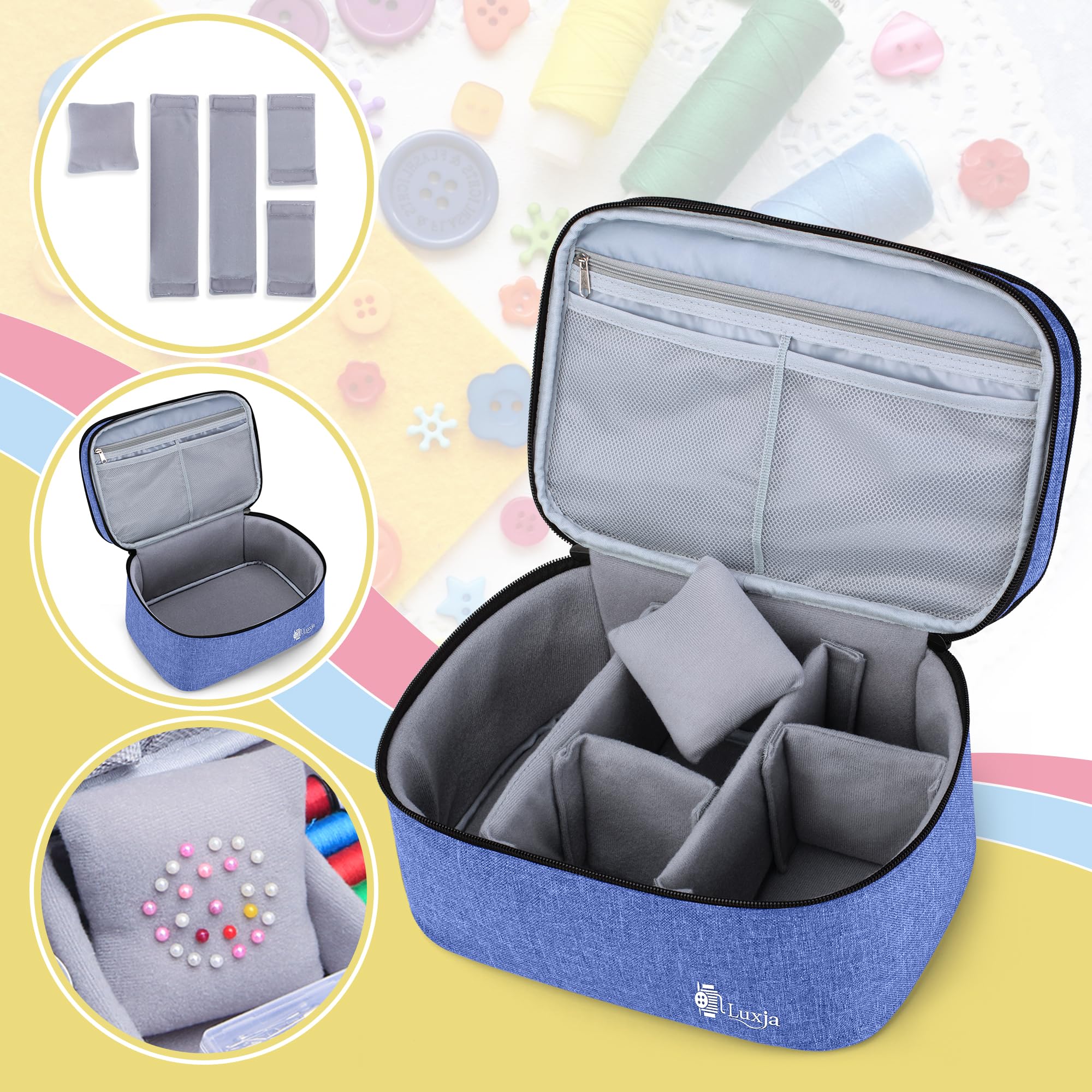 Luxja Double-Layer Sewing Accessories Organizer - Large Dark Blue Storage Case for Needles, Thread, Scissors, Measuring Tape & Sewing Tools | Perfect for Home Sewing, Quilting & Craft Projects