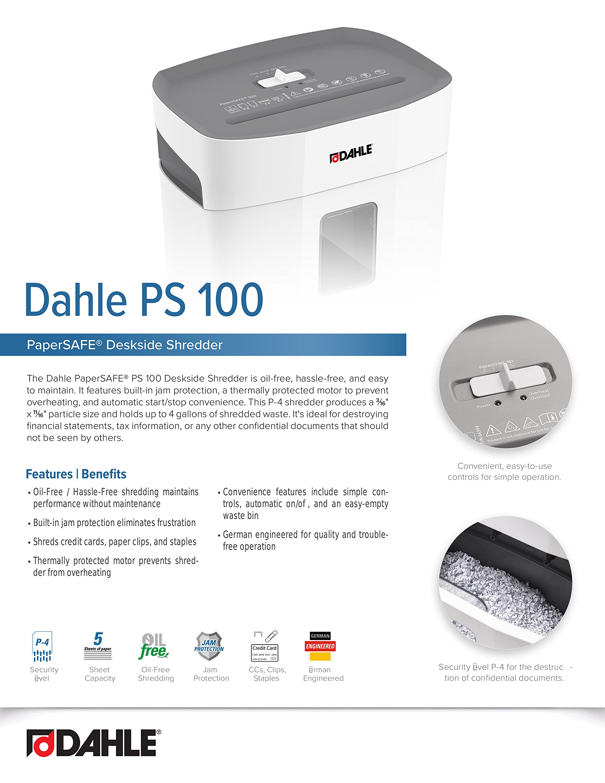 Dahle PaperSAFE PS 100 Oil-Free Paper Shredder with Jam Protection | P-4 Security Level | Shreds 5 Sheets, Staples, Paper Clips & Credit Cards | Ideal for Home Office & Small Business Document Security