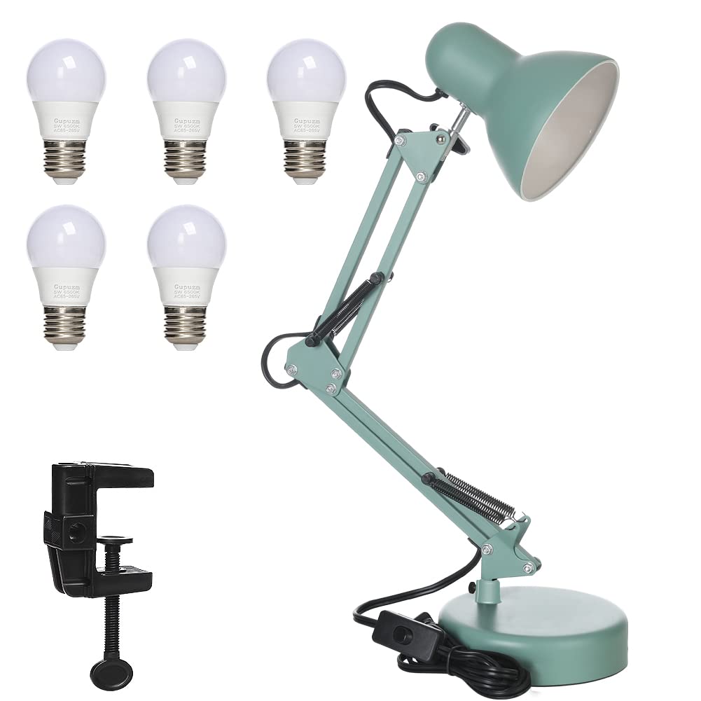 Gupuzm LED Desk Lamp with Clamp - Adjustable Swing Arm, 5x 6500K Cool White Bulbs, Foldable Table Light for Office, Study, Dorm & Eye Protection - Perfect for Late-Night Reading & Computer Work (Green)