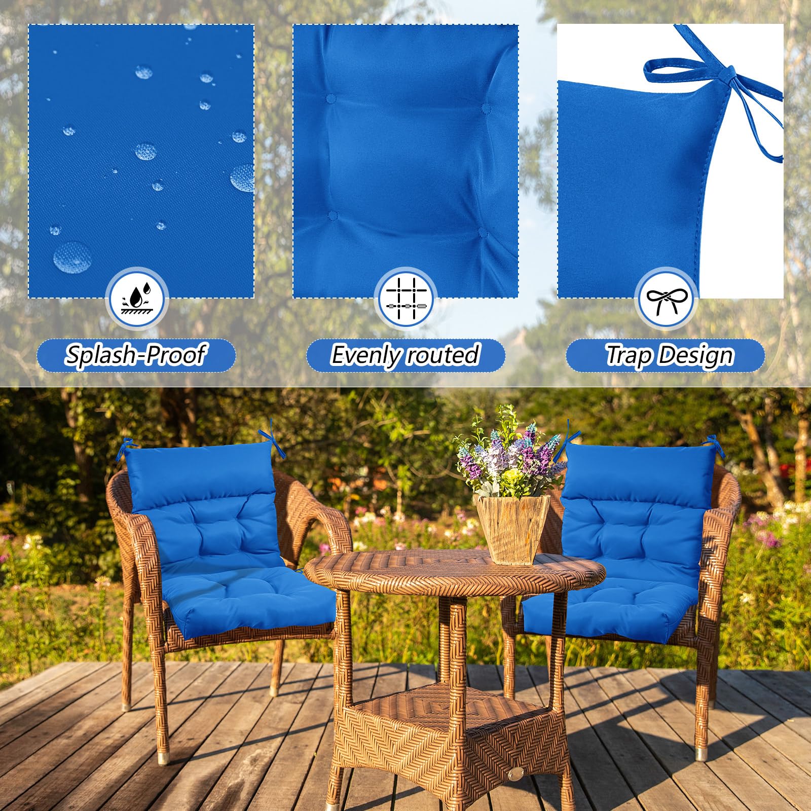 Sintuff 44 x 21 x 4 Inch Outdoor Patio Chair Cushions Set of 6 - Waterproof All-Weather Tufted Seat & Back Pillows with Ties - Perfect for Garden, Poolside, Deck, and Indoor Furniture (Blue)