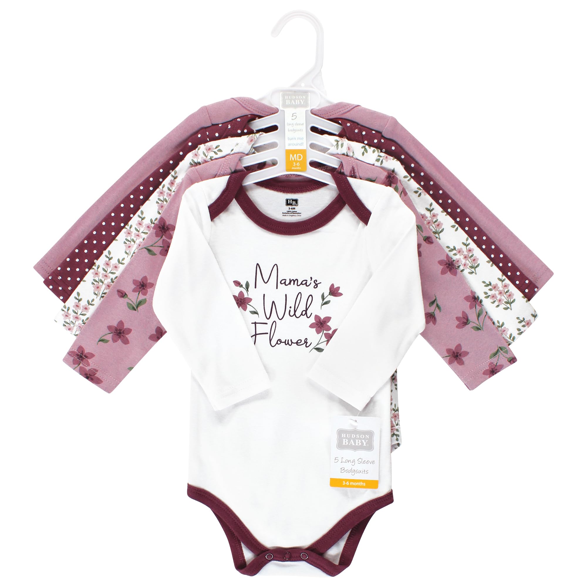 Hudson Baby Unisex Cotton Long-Sleeve Bodysuits - Soft & Comfortable Infant Onesies, Plum Wildflower Print, 3-6 Months - Perfect for Everyday Wear, Playtime & Photo Shoots