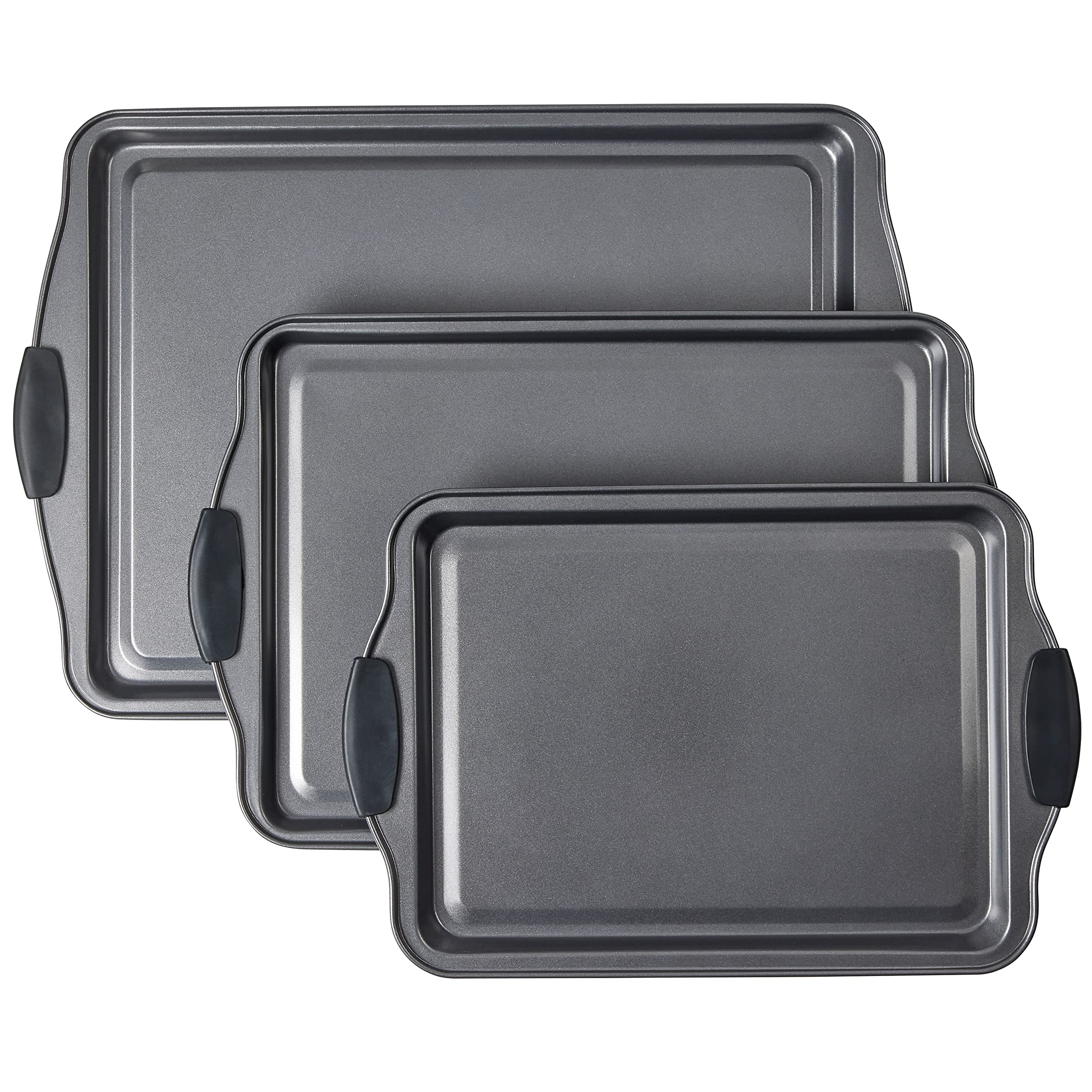 Non-Stick Baking Sheet Set of 3 - Heavy Duty Aluminum Cookie Baking Pans with Black Silicone Handles (Small, Medium, Large) - Perfect for Cookies, Pastries, Roasting Veggies & Meal Prep