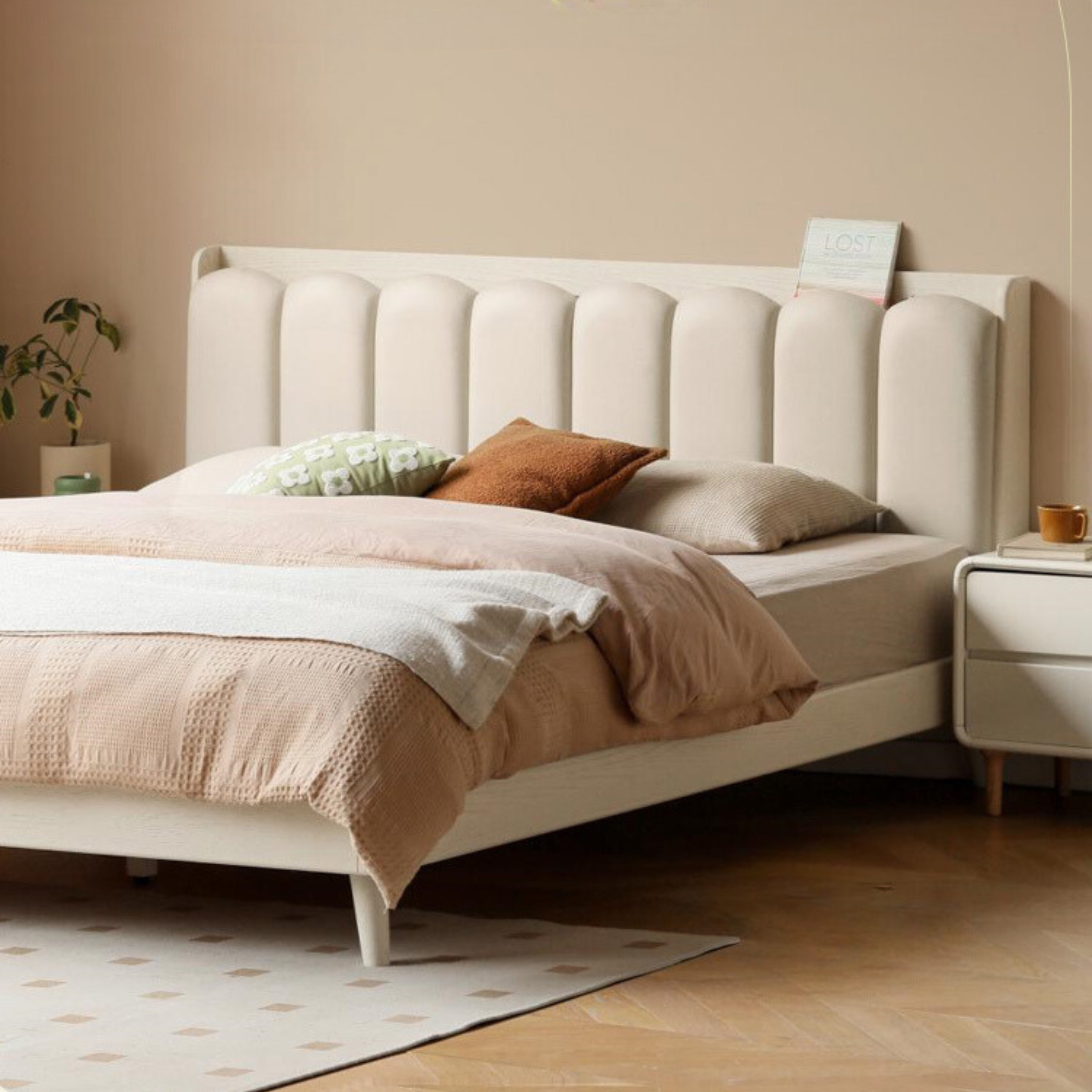 Solid Oak Wood Piano Key Bed Frame - Cream Finish - Elegant and Durable Bedroom Furniture for Classic and Modern Decor Styles