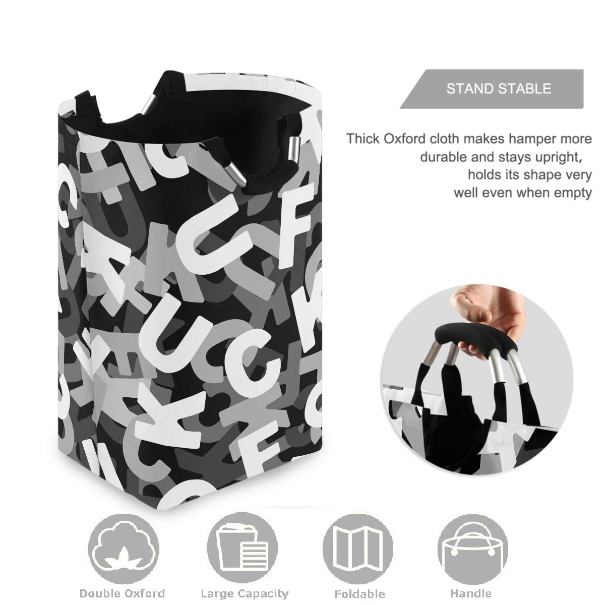 Funny Letter Pattern Large Laundry Bag - Collapsible Oxford Fabric Laundry Hamper with Handles, Foldable Portable Dirty Clothes Basket, Waterproof Washing Bin & Laundry Tote Bag for College Dorm, Travel, Camping & Home Organization