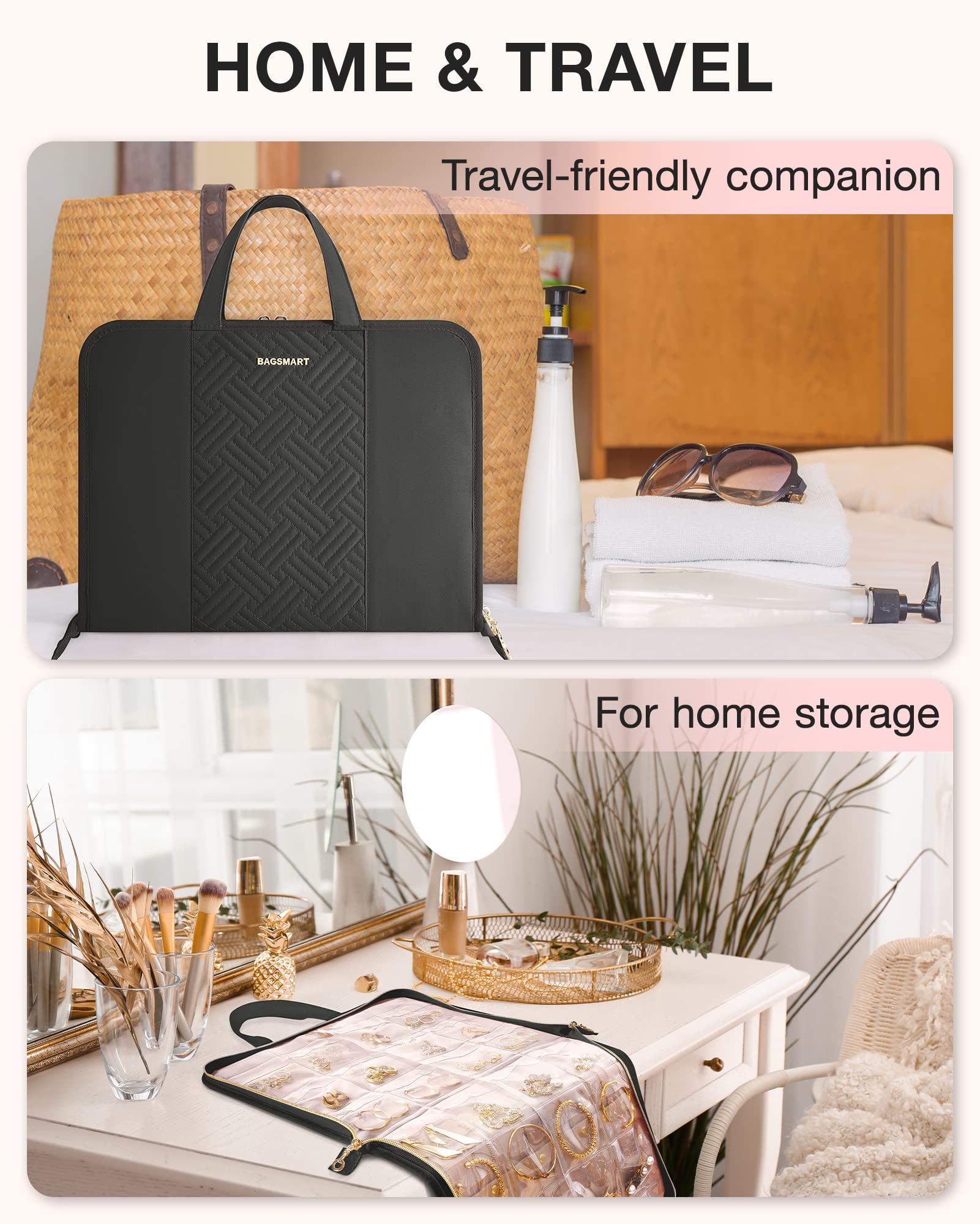 BAGSMART Travel Jewelry Organizer Case - Large Black Tangle-Free Jewelry Roll Bag with Foldable Transparent Pockets for Earrings, Rings, Bracelets | Perfect for Travel, Vacation & Daily Storage Organization