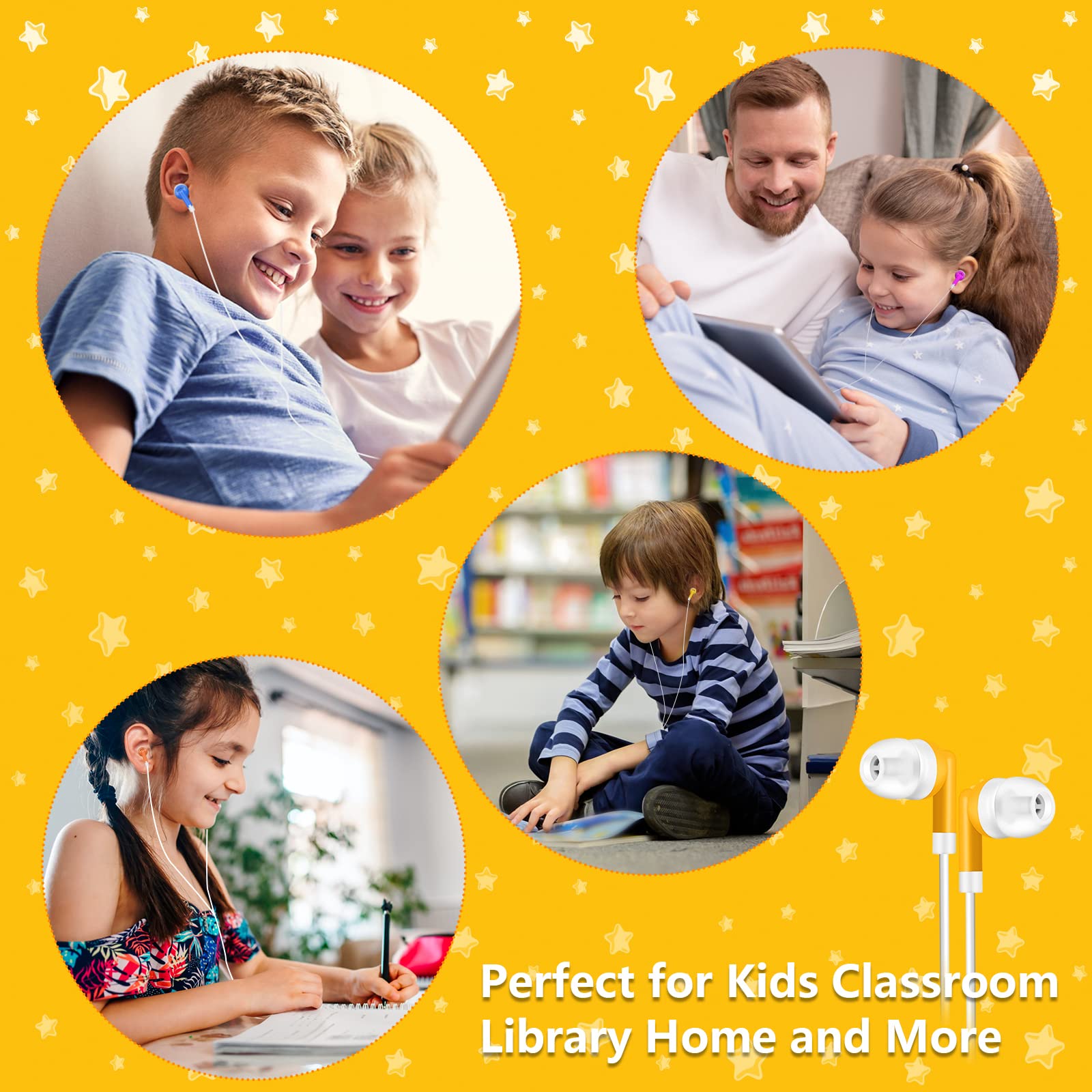 50 Pack Bulk Kids Earbuds - Colorful Individually Bagged Headphones for School, Classroom & Library Use - Wholesale Student Headphones for Learning & Study Sessions
