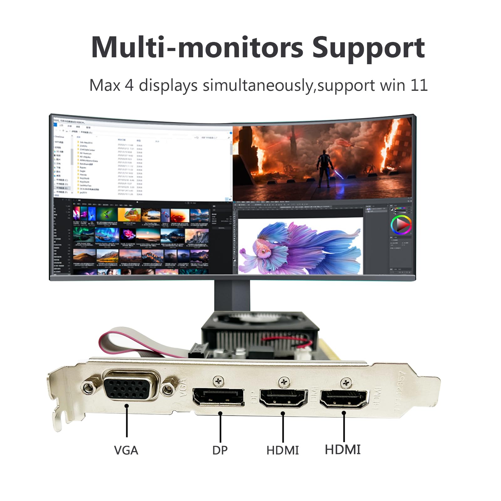 QTHREE GeForce GT 730 4GB 64Bit DDR3 Gaming Graphics Card with 2x HDMI, VGA, DP - Low Profile PCIe x8 2.0 Video Card for PC, Supports 4 Monitors, Windows 11 & DirectX 12 - Perfect for Gaming, Home Theater & Office Workstations