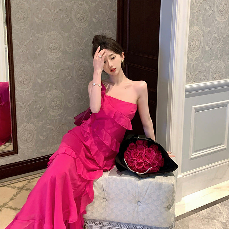 French One Shoulder Rose Red Slit Long Dress for Women - 2023 Summer Fashion Elegant Evening Gown for Parties, Weddings & Date Nights