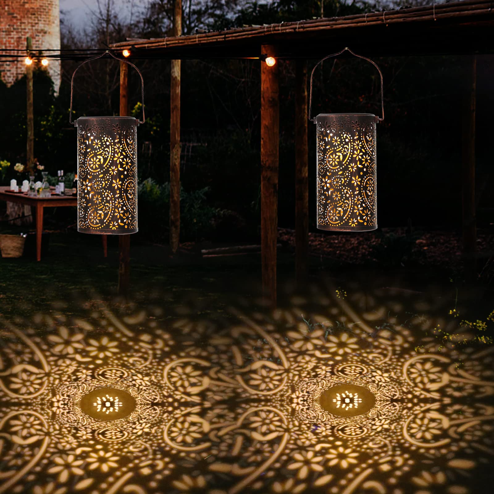 Solar Powered Outdoor Hanging Lanterns - Waterproof Metal Garden Lights for Patio, Yard, Table Decor (2 Pack) | Perfect for Backyard Parties, Wedding Decorations & Courtyard Lighting