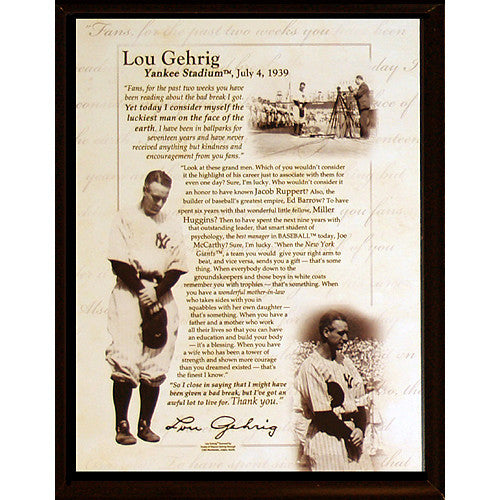 Lou Gehrig Farewell Speech Plaque 8x10 - Inspirational Baseball Memorabilia for Home Office & Man Cave Decor