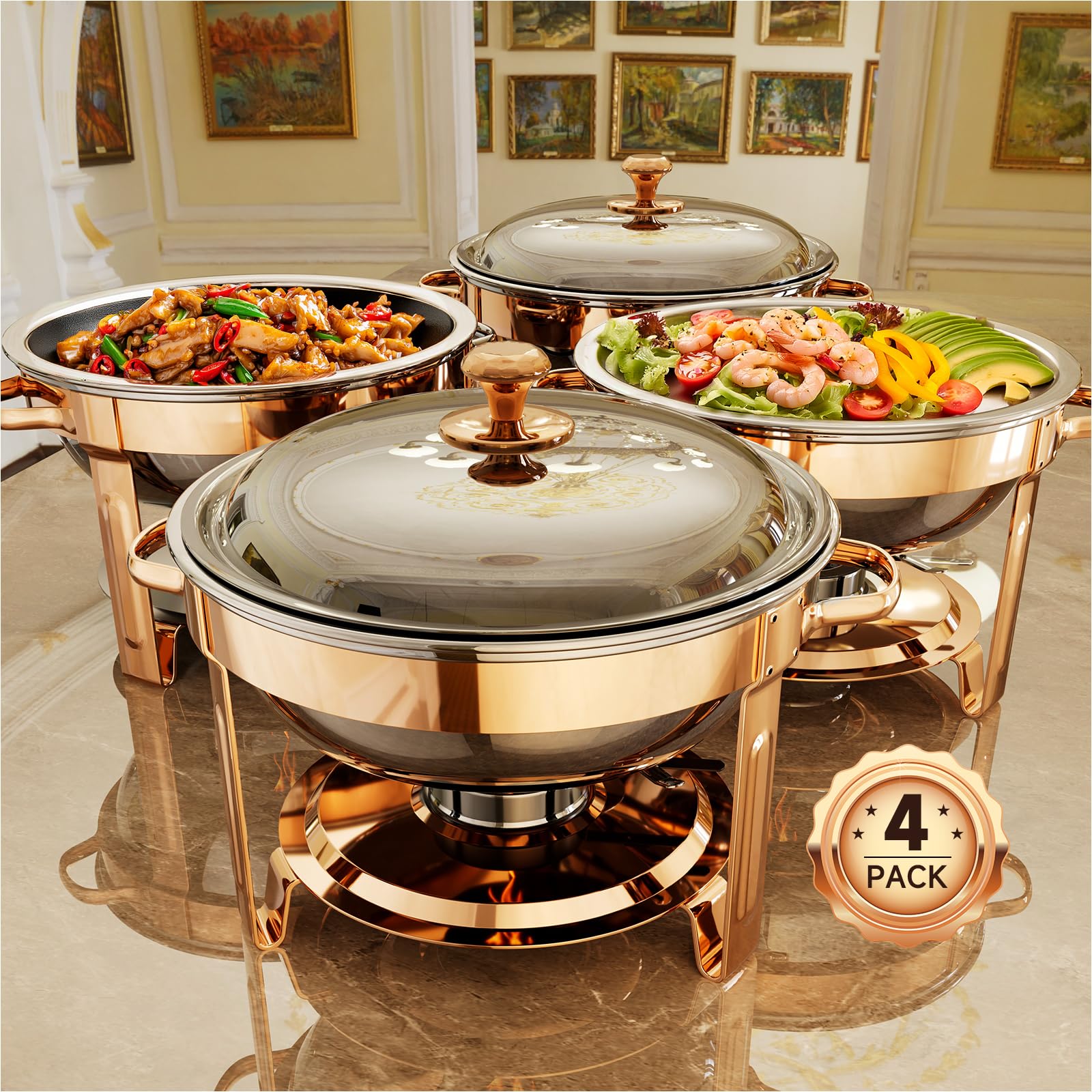 4-Pack 5QT Round Stainless Steel Buffet Chafing Dish Set - Rose Gold Catering Warmers for Home Parties, Christmas Gatherings & Events | Complete Buffet Serving Solution for Weddings, Banquets & Holiday Meals