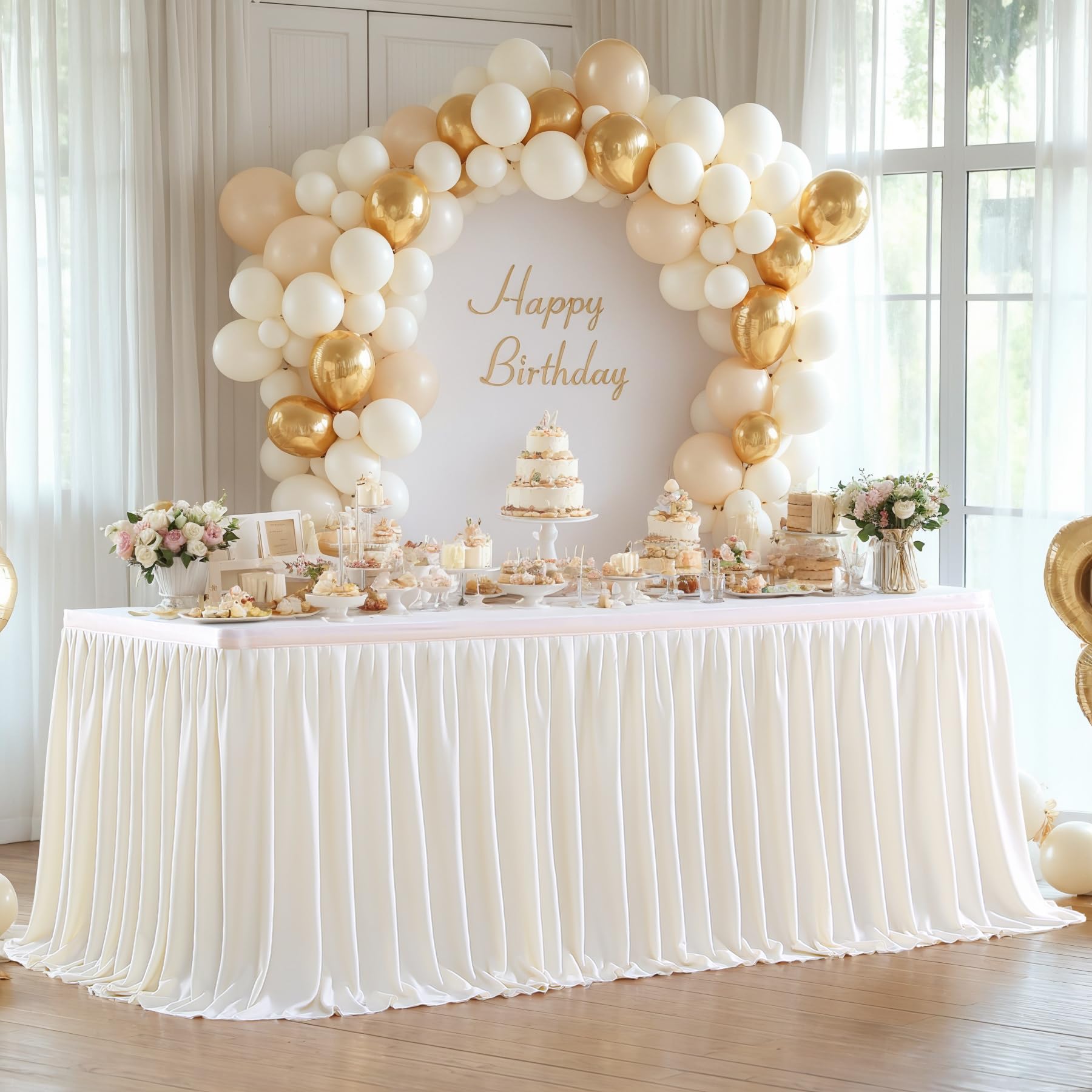 Partisky 17ft Ivory Polyester Table Skirt - Wrinkle Resistant Pleated Ruffle Tablecloth for Rectangle Tables | Perfect for Banquets, Weddings, Baby Showers & Dining Displays | Elegant Decoration for Special Events & Gift Presentations