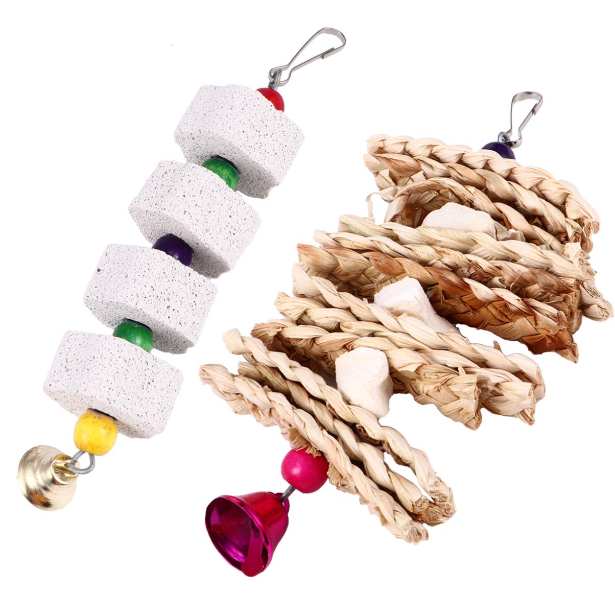 Balacoo Parrot Chew Toys - 2 Pack Woven Grass Molar Chewing Toys with Bell for Teeth Grinding & Bite Care | Hanging Cage Hammock Toys for Parakeets & Pet Birds | Perfect for Cage Enrichment & Beak Maintenance