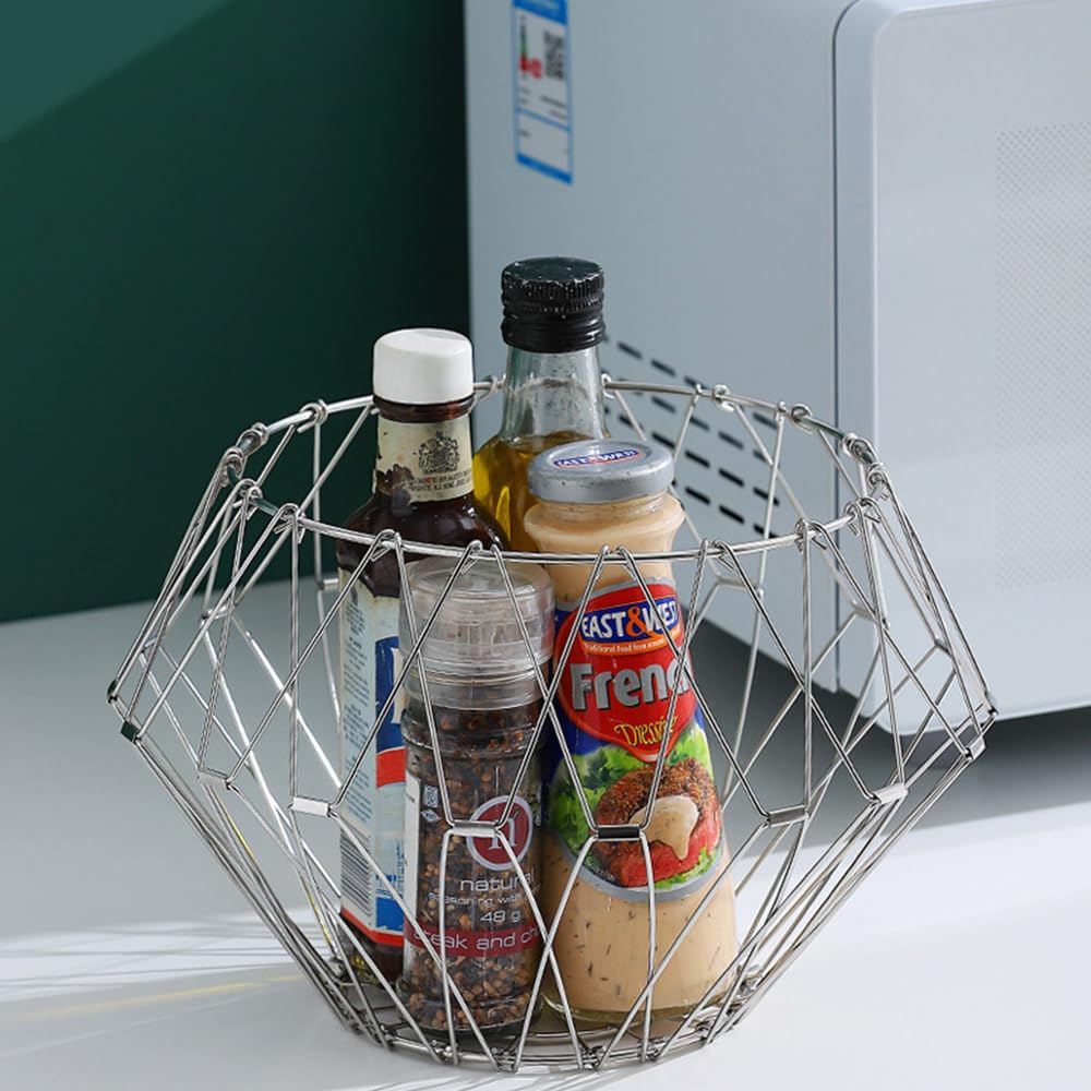 Foldable Stainless Steel Wire Fruit Basket - Multipurpose Kitchen Storage Organizer for Fruits, Vegetables, Bread | Durable & Space-Saving | Perfect for Countertop, Pantry, and Dining Table Organization