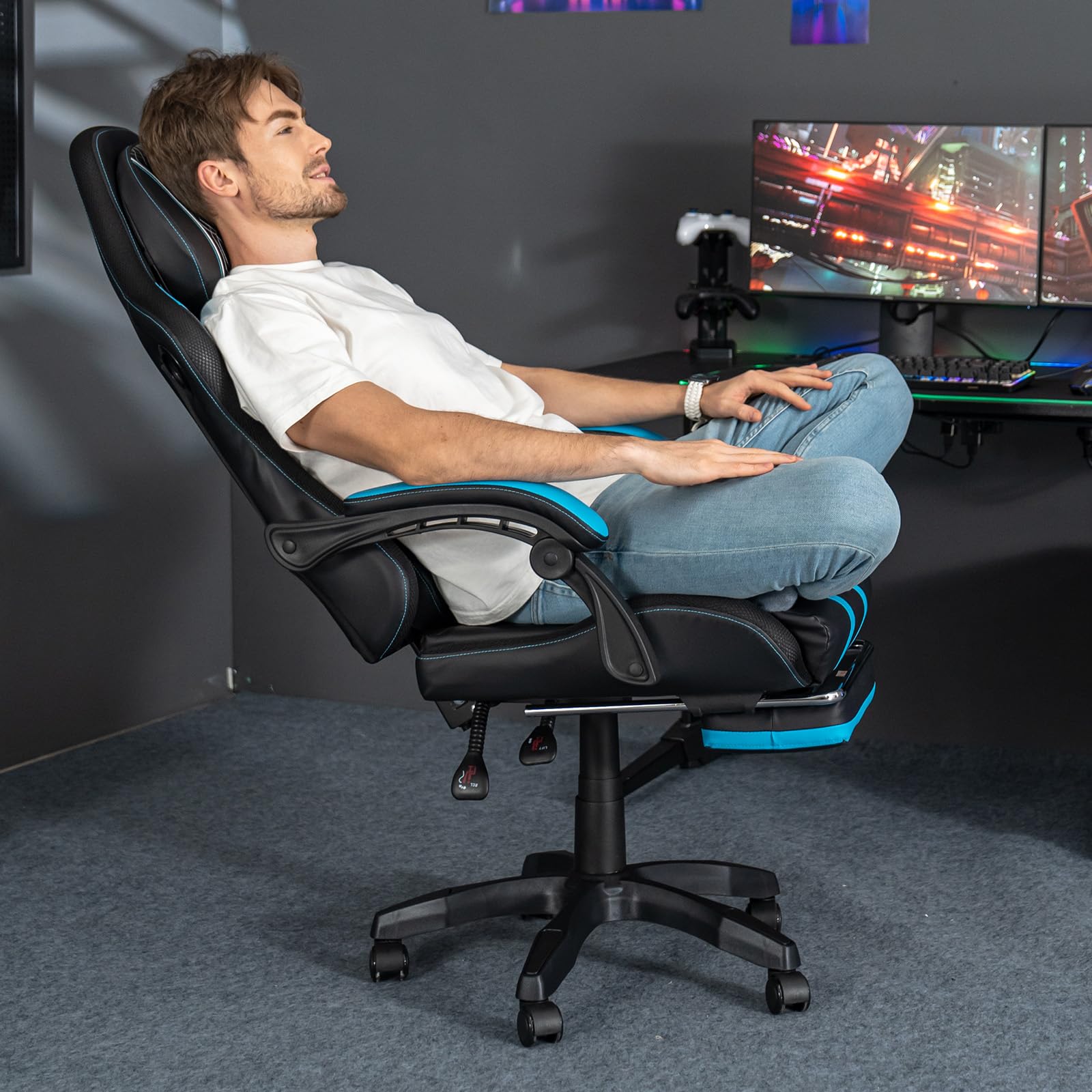 HOFFREE Ergonomic Gaming Chair with Built-in Bluetooth Speakers & Massage - Big and Tall Reclining Office Chair with Footrest, 400lbs Weight Capacity (Blue & Black) - Perfect for PC Gaming, Home Office & Streaming Setup