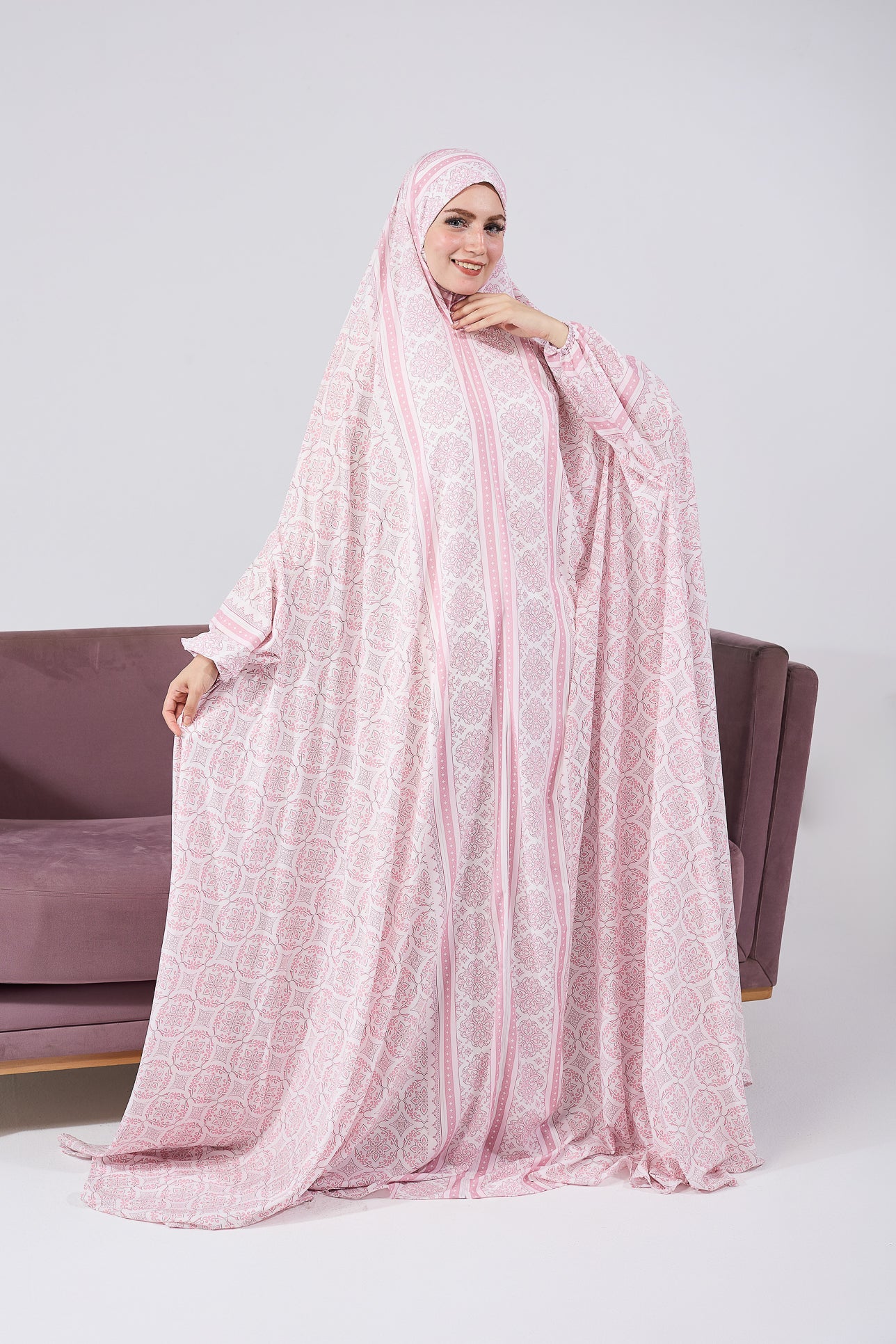 Aaliyah Blush Satin Prayer Gown with Intricate Floral Embroidery - Elegant Islamic Prayer Dress for Women, Modest Nightgown & Special Occasion Wear