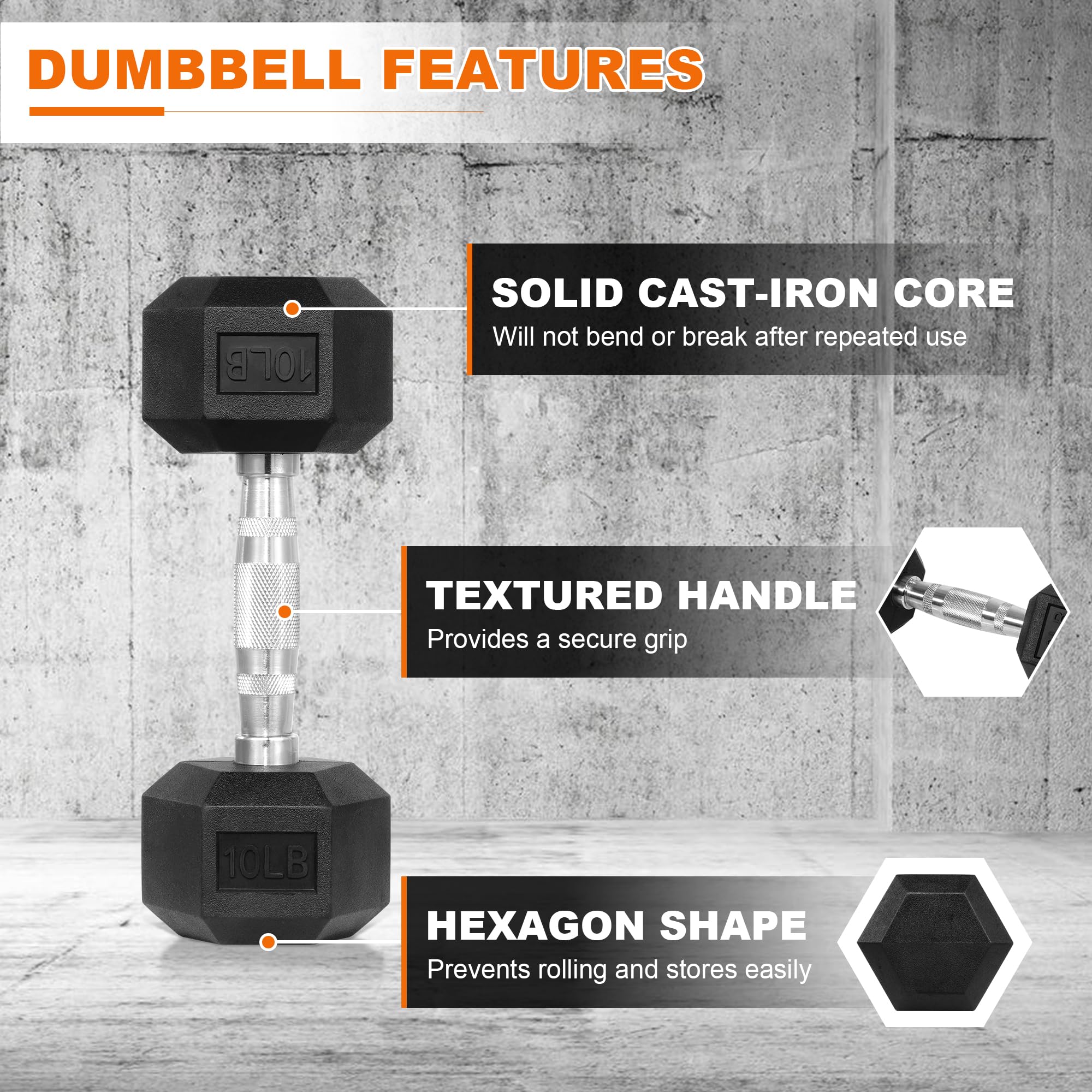 Hex Dumbbells Set - Rubber Coated Free Weights for Home Gym & Strength Training (5-50lbs Pairs) - Perfect for CrossFit, HIIT Workouts & Muscle Building