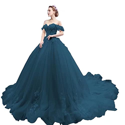 Elegant Off-the-Shoulder Tulle Quinceañera Dress with Lace Appliqué - Long Ball Gown with Train for Women | Perfect for Prom, Sweet 16, Wedding & Formal Events