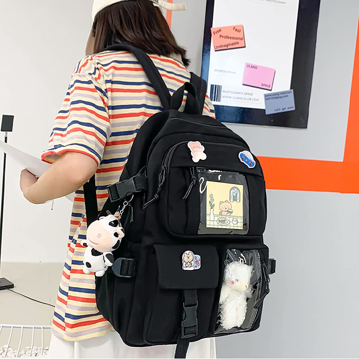Cute Kawaii Aesthetic Backpack for Women - Lightweight Travel Backpack with Badge Pins & Keychain Pendant - Perfect for School, Work, Travel & Everyday Use