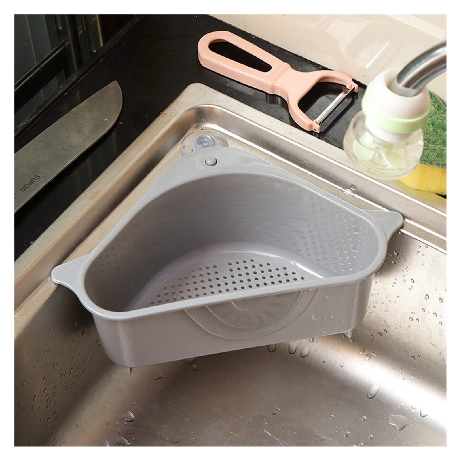 Triangular Sink Strainer - Durable Drain Basket for Fruits & Vegetables with Suction Cup | Sponge Holder & Storage Rack | Sink Filter Shelf (Grey) - Perfect for Kitchen Organization & Dishwashing