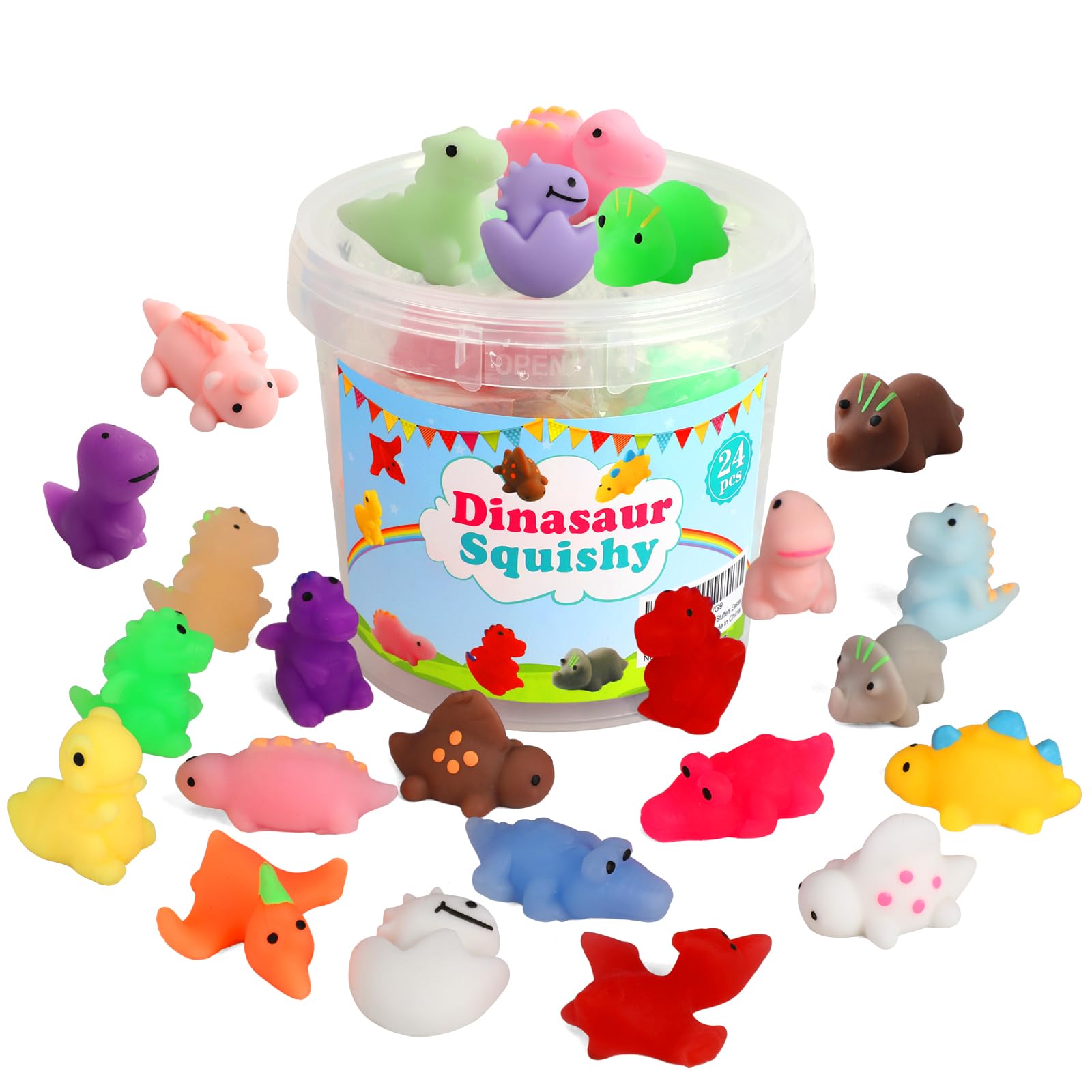 24-Piece Dinosaur Mochi Squishy Toys - Stress Relief Sensory Fidget Toys for Kids, Classroom Prizes, Birthday Party Favors, Pinata Fillers, Christmas Stocking Stuffers & Easter Basket Gifts - Perfect for Anxiety Relief, Sensory Play and Classroom Rewards