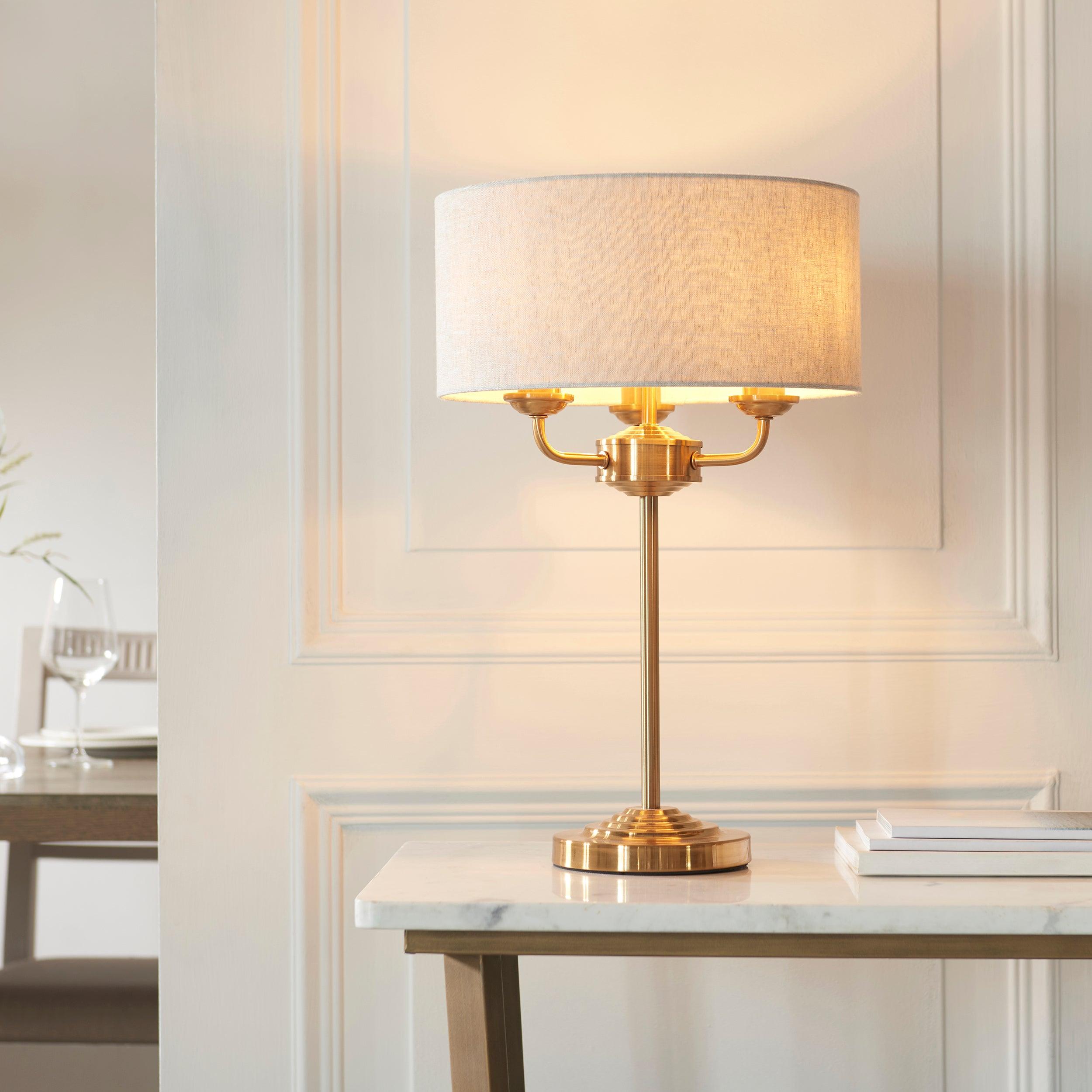 Endon Highclere Vintage Brass 3-Light Table Lamp with Linen Shade - Elegant Home Office & Living Room Lighting Decor