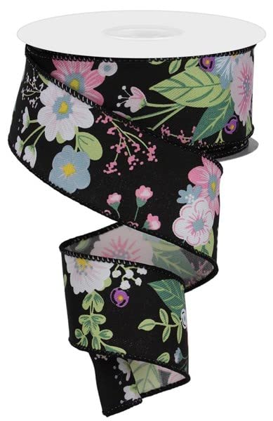 Floral Wired Edge Ribbon - 1.5 Inch Black for Gift Wrapping & Crafts