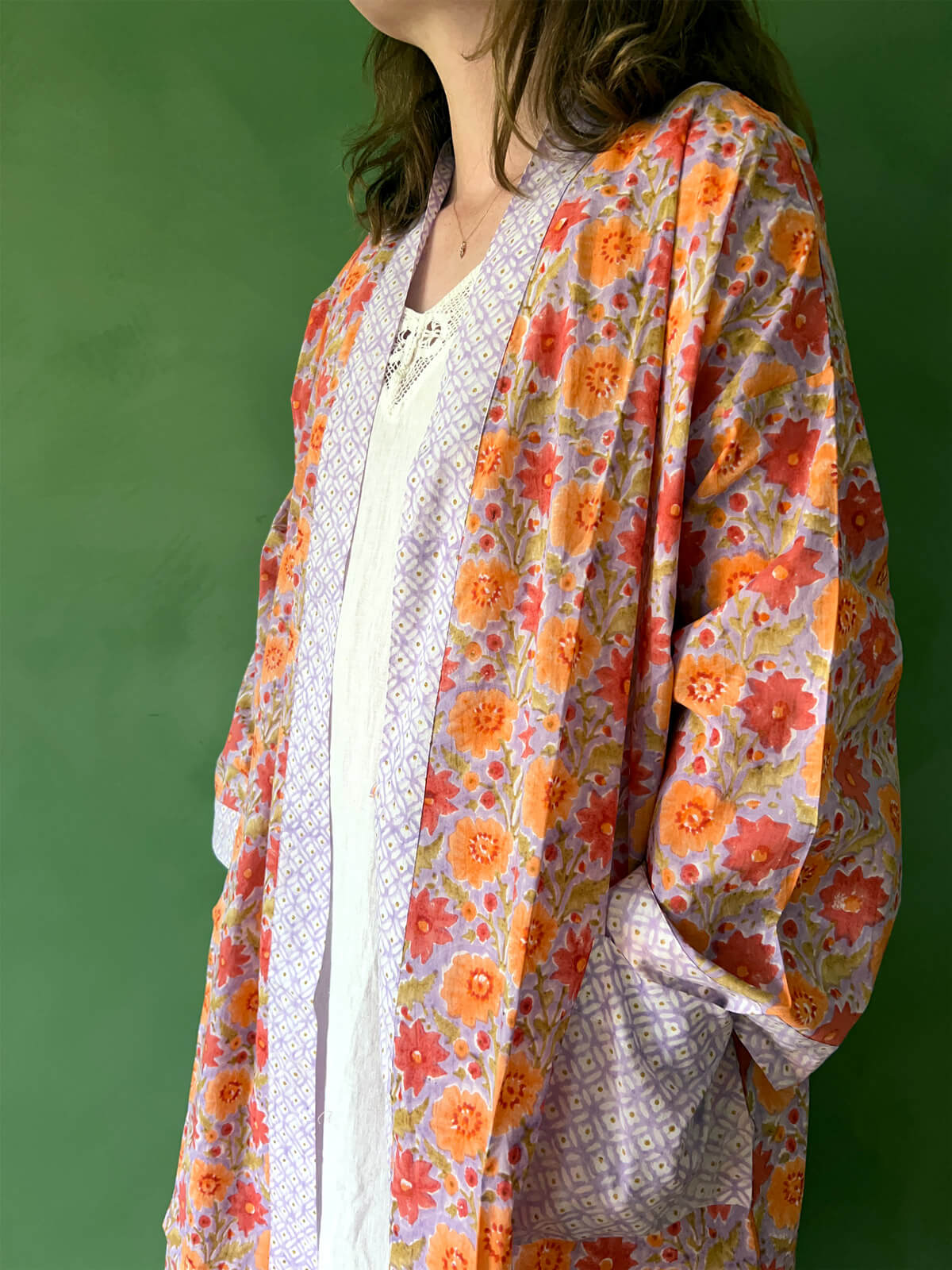 Handmade Block Print Cotton Robe - Soft Lilac Floral Kimono for Women | Perfect for Spa, Beach Cover-Up & Lounge Wear